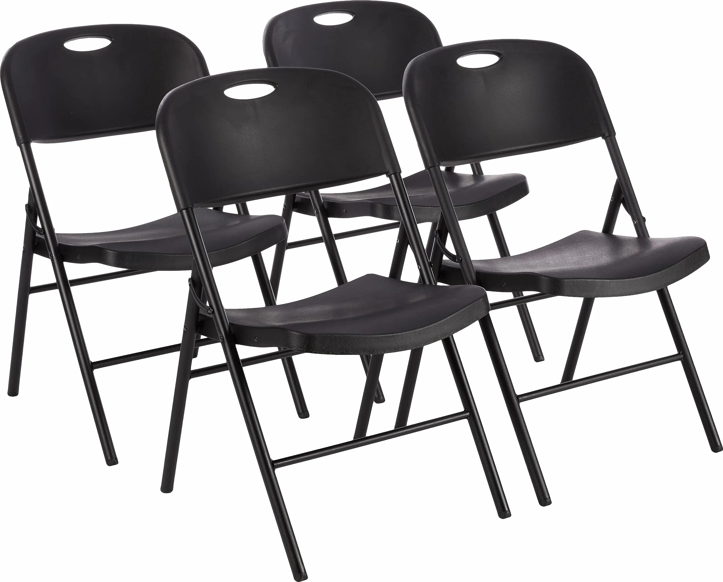 Amazon Basics Klappstühle aus Kunststoff und Metall, 4er-Set, Campingstuhl, Küchenstuhl, drinnen und draußen, Schwarz, bis 158 kg