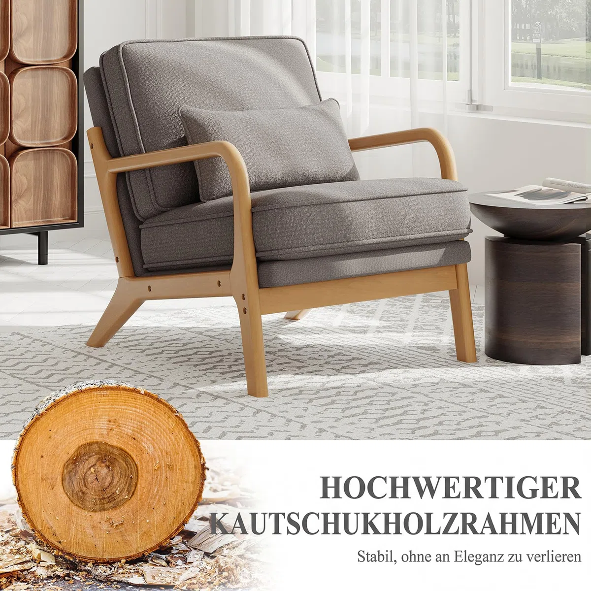 COLAMY Sessel Wohnzimmer Mid-Century Modern 2er Set, Loungesessel mit Lendenkissen, Massivholzrahmen & weichem Polster, bequemer Lesesessel für Wohnzimmer und Schlafzimmer, grau