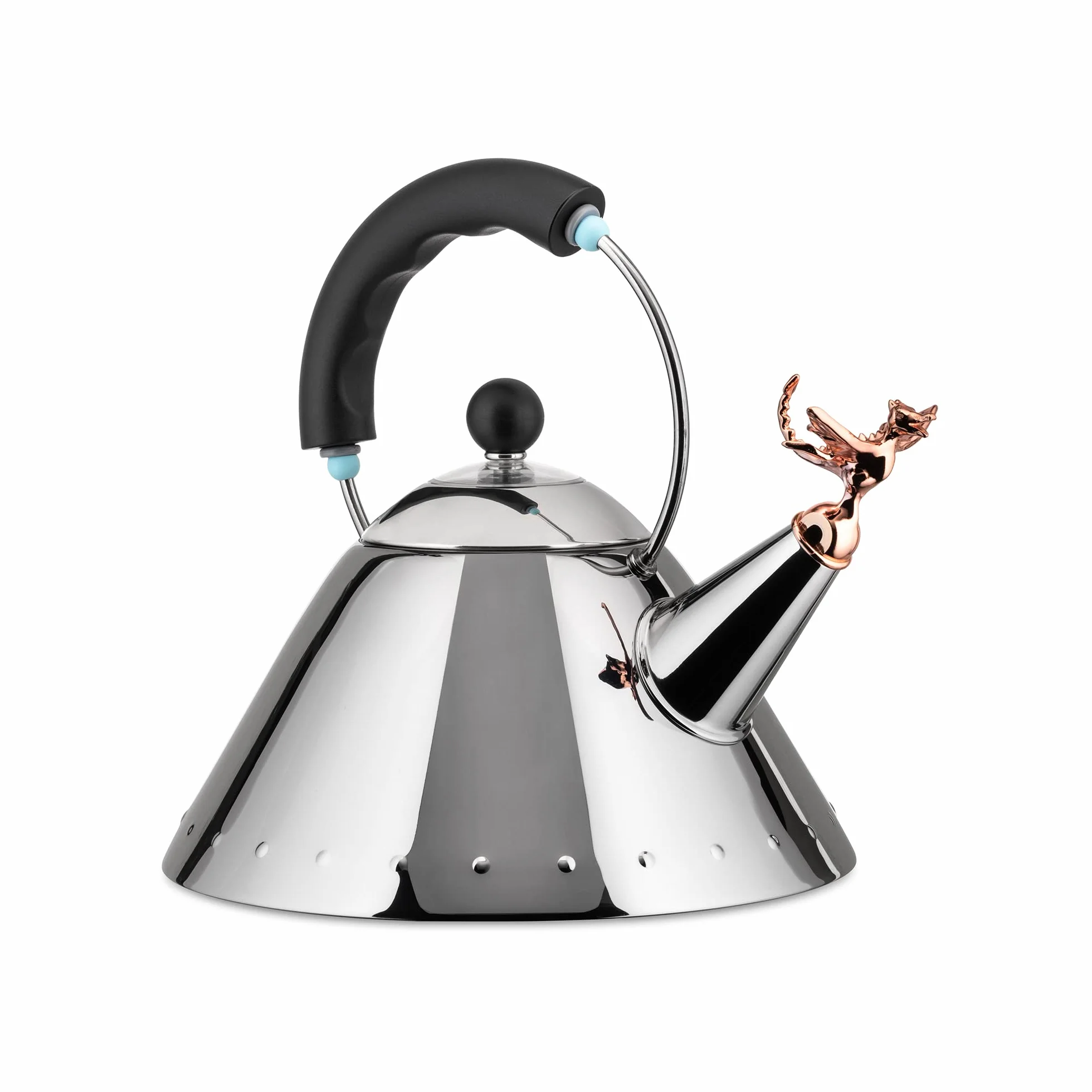 Alessi 9093REX B Tea Rex Wasserkessel - Edelstahl 18/10 glänzend poliert mit schwarzem Griff und Kupfer metallisierter Flöte in Form eines prähistorischen Reptil