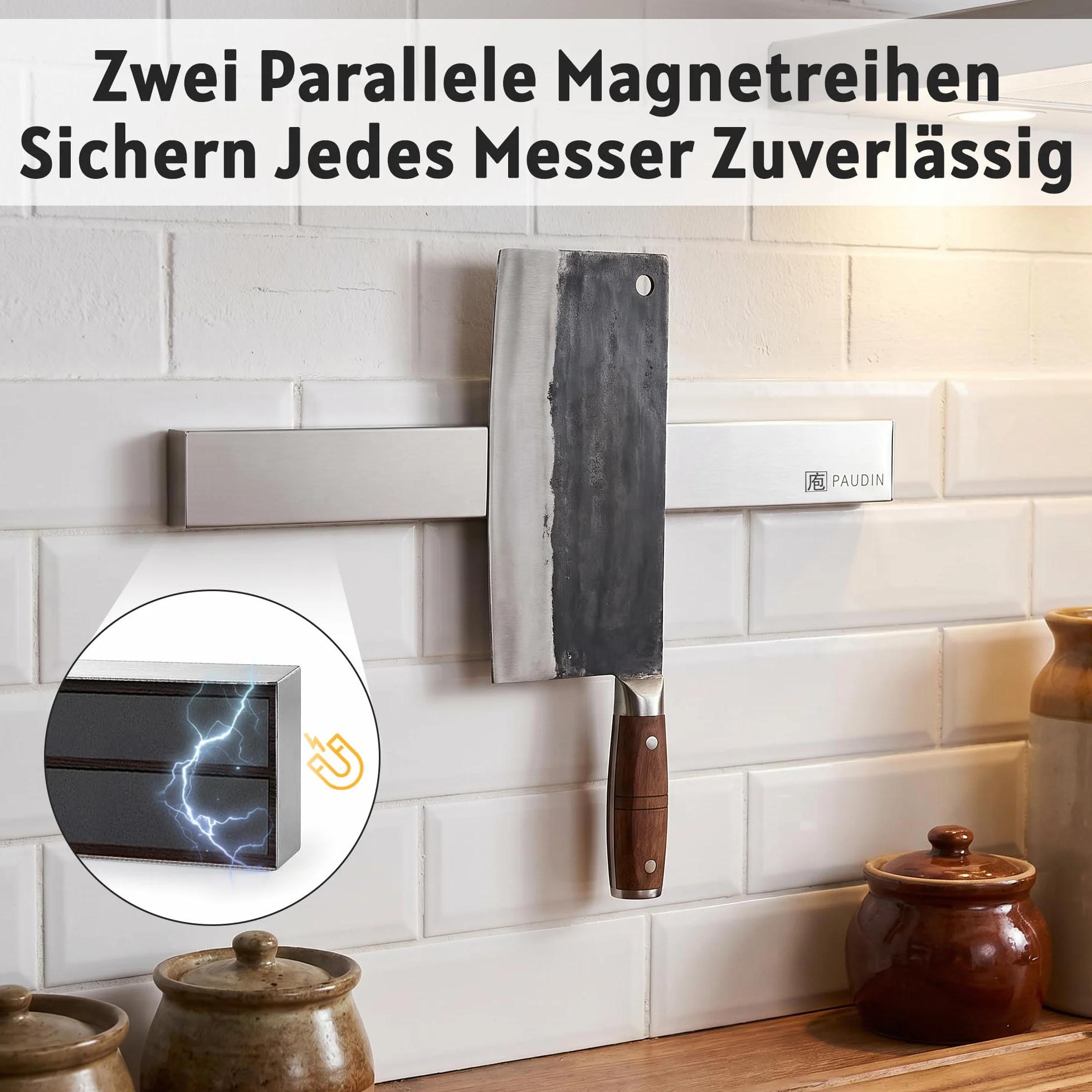 PAUDIN Magnetleiste Messer 45 cm Messerleiste magnetische Küchenmesserleiste aus Edelstahl mit extra starkem Magnet als Messerhalter für Wand Selbstklebend für Küchenutensilien oder Werkzeugen