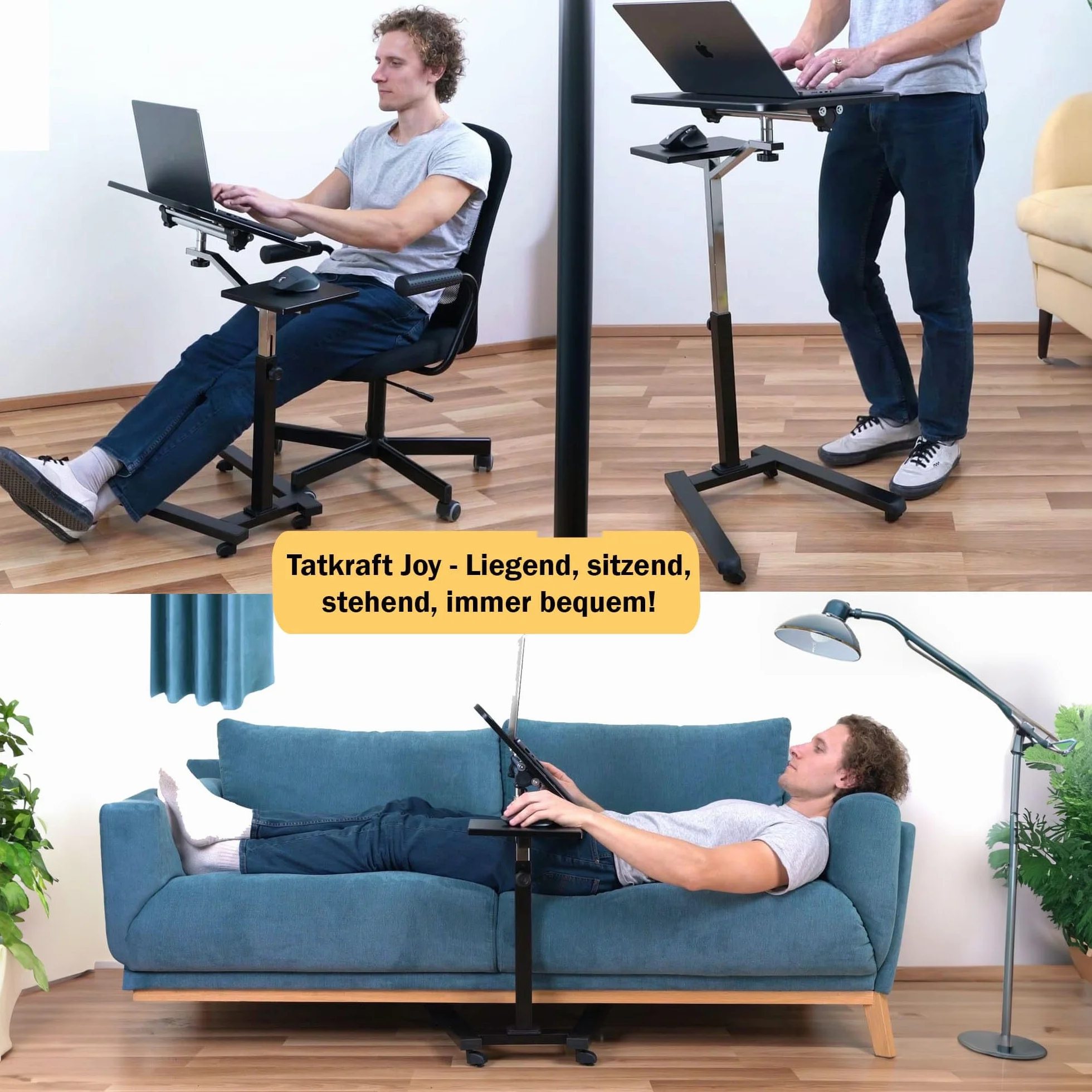 Tatkraft Joy Laptoptisch Höhenverstellbar, Verstellbar, mit Rollen, und Mausablage, Laptoptisch für Bett, Sofa, Stehpult, MDF-Holz, Stahl, Schwarz
