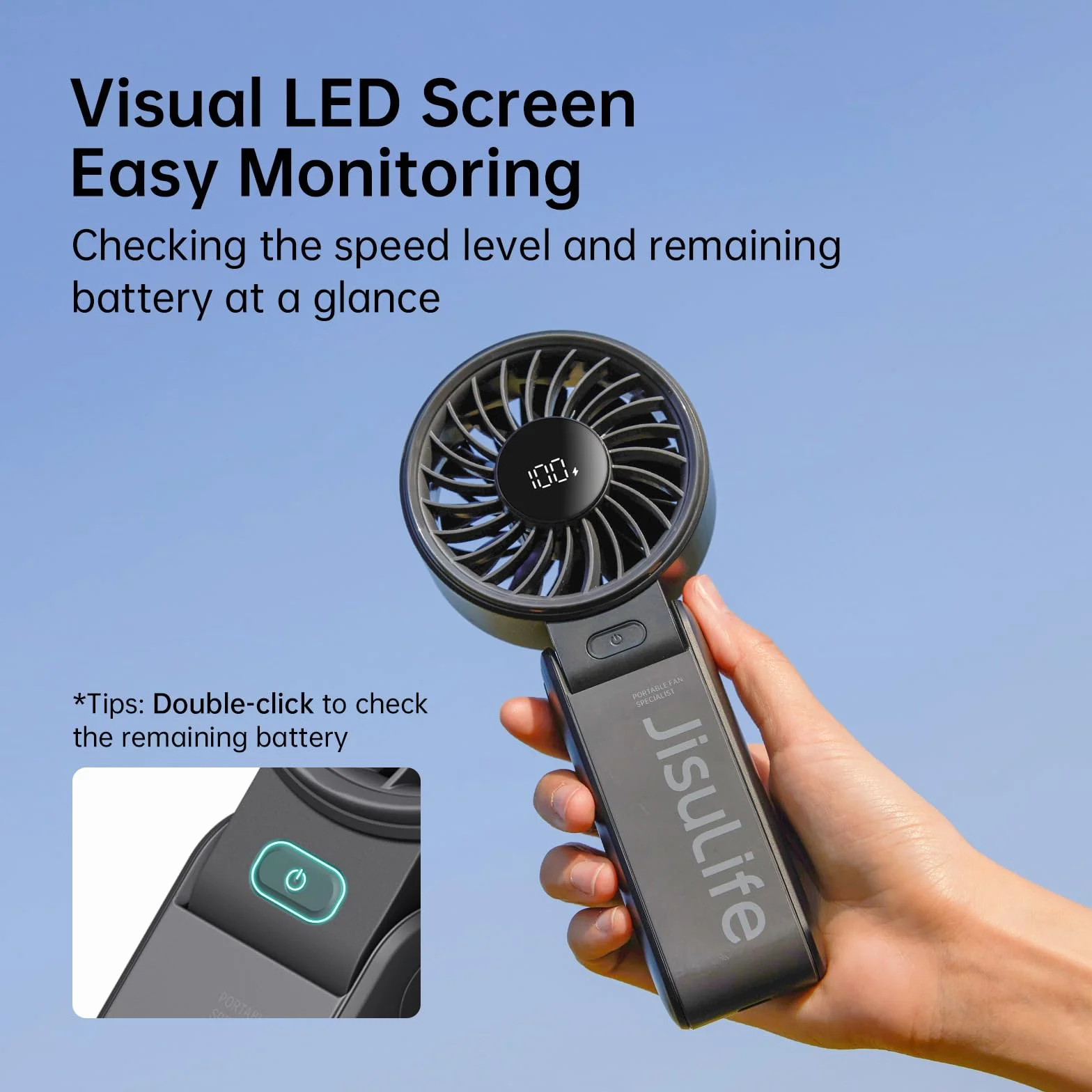 JISULIFE Handventilator 7, Leistungsstarker tragbarer Ventilator mit LED Anzeige, 19.5 Stunden maximale, 5000 mAh, 3-IN-1 Hand/Schreibtisch/Halsventilator, Mini Ventilator für Reisen(Schwarz)
