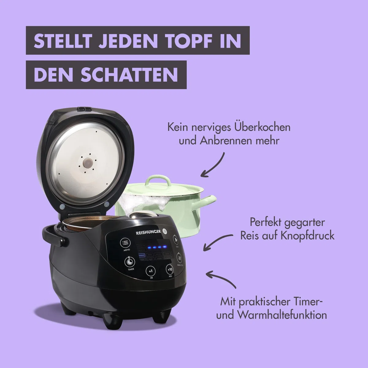 REISHUNGER Digitaler Reiskocher klein – 0,6 L bis 3 Personen – Schwarz | Warmhaltefunktion, Timer & Premium Topf – Kleiner Multikocher & Dampfgarer – 8 Programme, 7-Phasen-Technologie