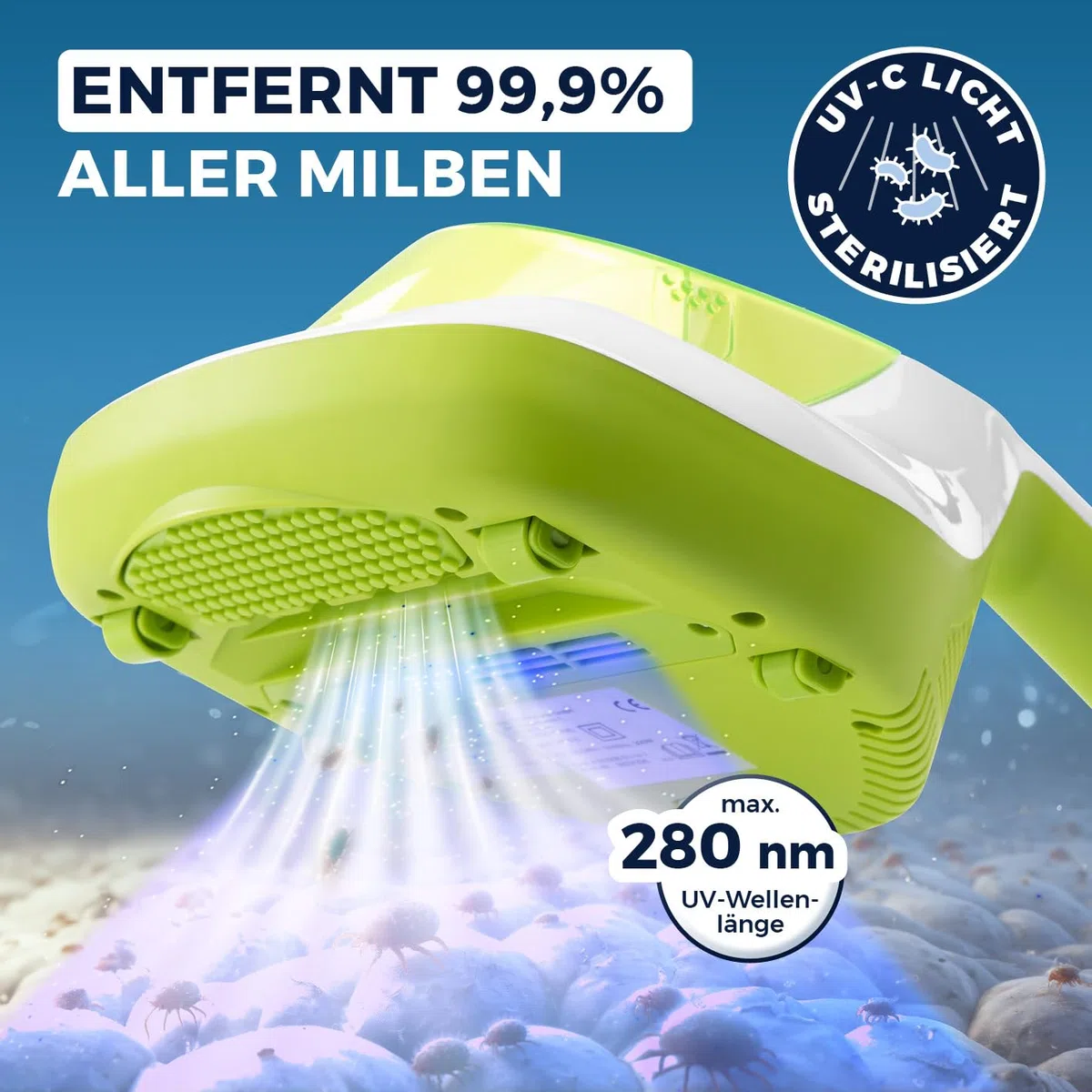 CLEANmaxx Milbensauger für Matratzen mit UV-C-Licht | Matratzenreiniger mit HEPA-Filter, entfernt 99,9% Aller Milben | Matratzensauger mit Ultraschall, Hitze & Vibration