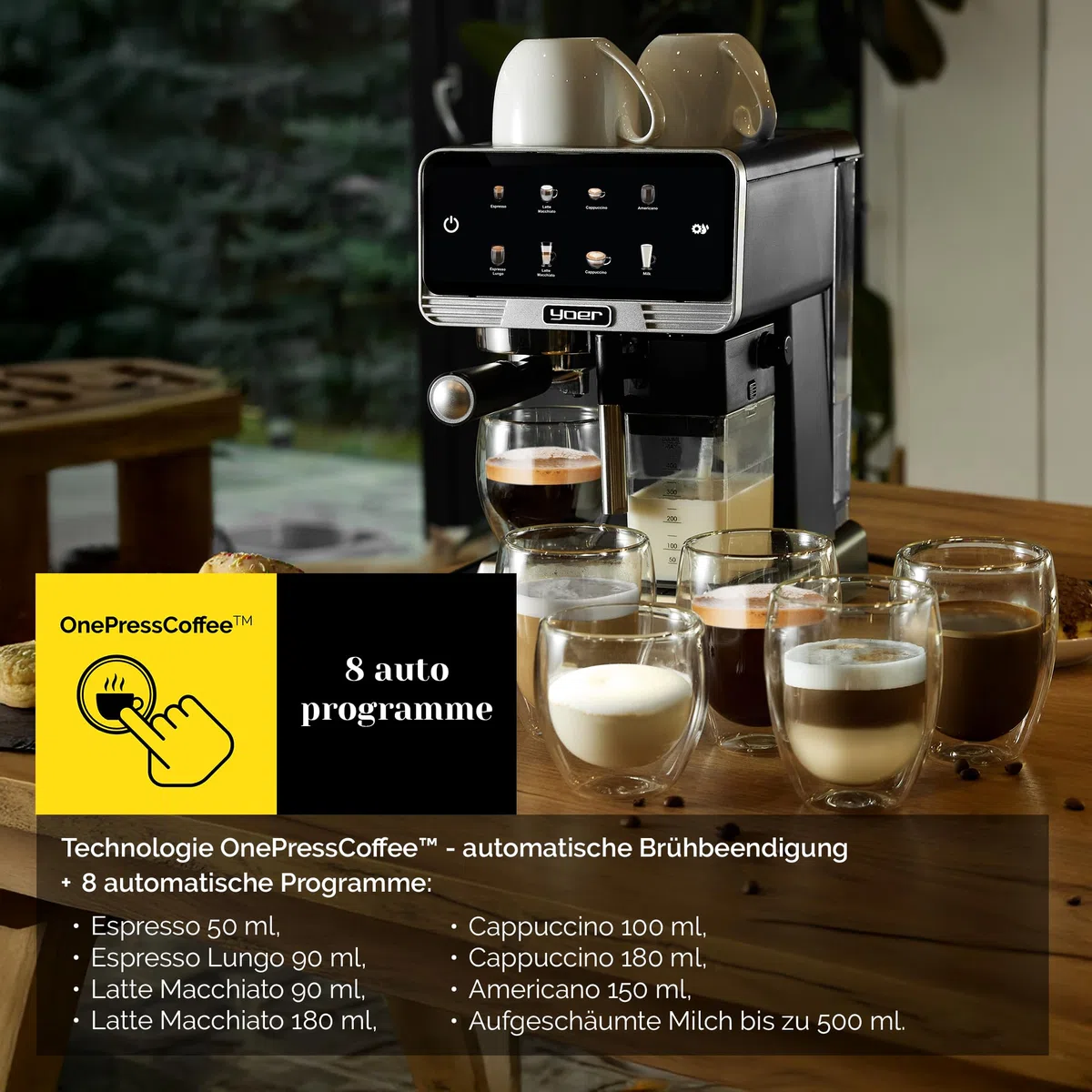 Yoer Kaffeevollautomat mit Milchsystem, Kaffeemaschine, 8 automatische Programme, Touchscreen, 20 bar, 1350W, Milchaufschäumer, Espresso, Cappuccino & Latte, 2-Tassen-Funktion, Creamo EMF03BK, schwarz