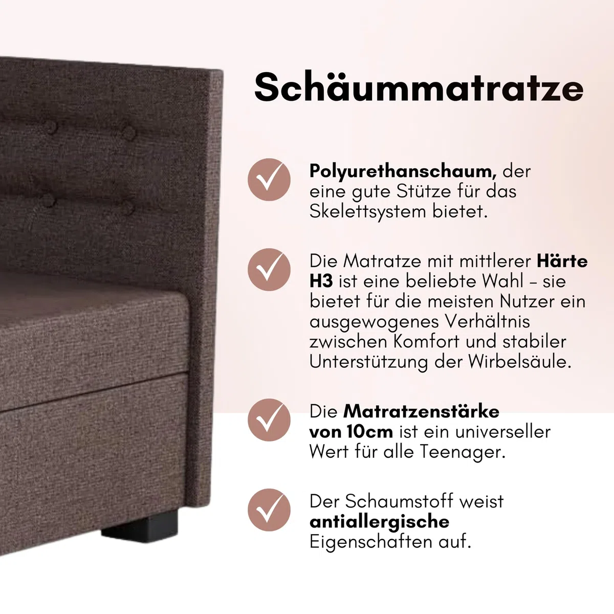 Boxspringbett Olaf 80x200x38 cm mit Schaumstoff Matratze, Bett mit Matratze, Polsterbett mit Bettkasten, Gepolstertes Einzel Bett, Schlafsofa - Biskuitbeige