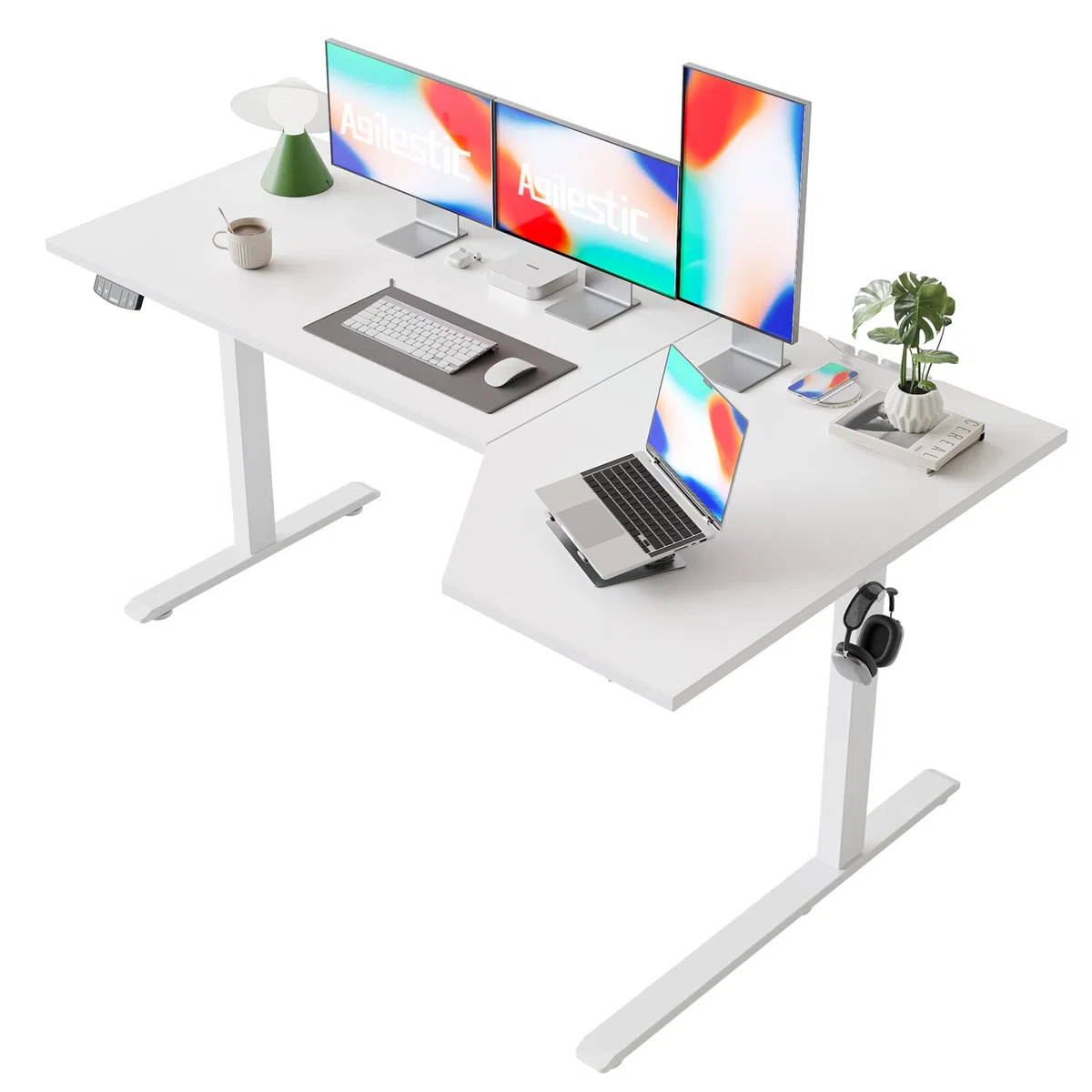 Agilestic Elektrischer Stehschreibtisch, L-förmiger 160 cm höhenverstellbarer Schreibtisch, Sitz- und Stehtisch für Home Office, ergonomischer aufsteigender Computertisch mit Splice Board, Weiß