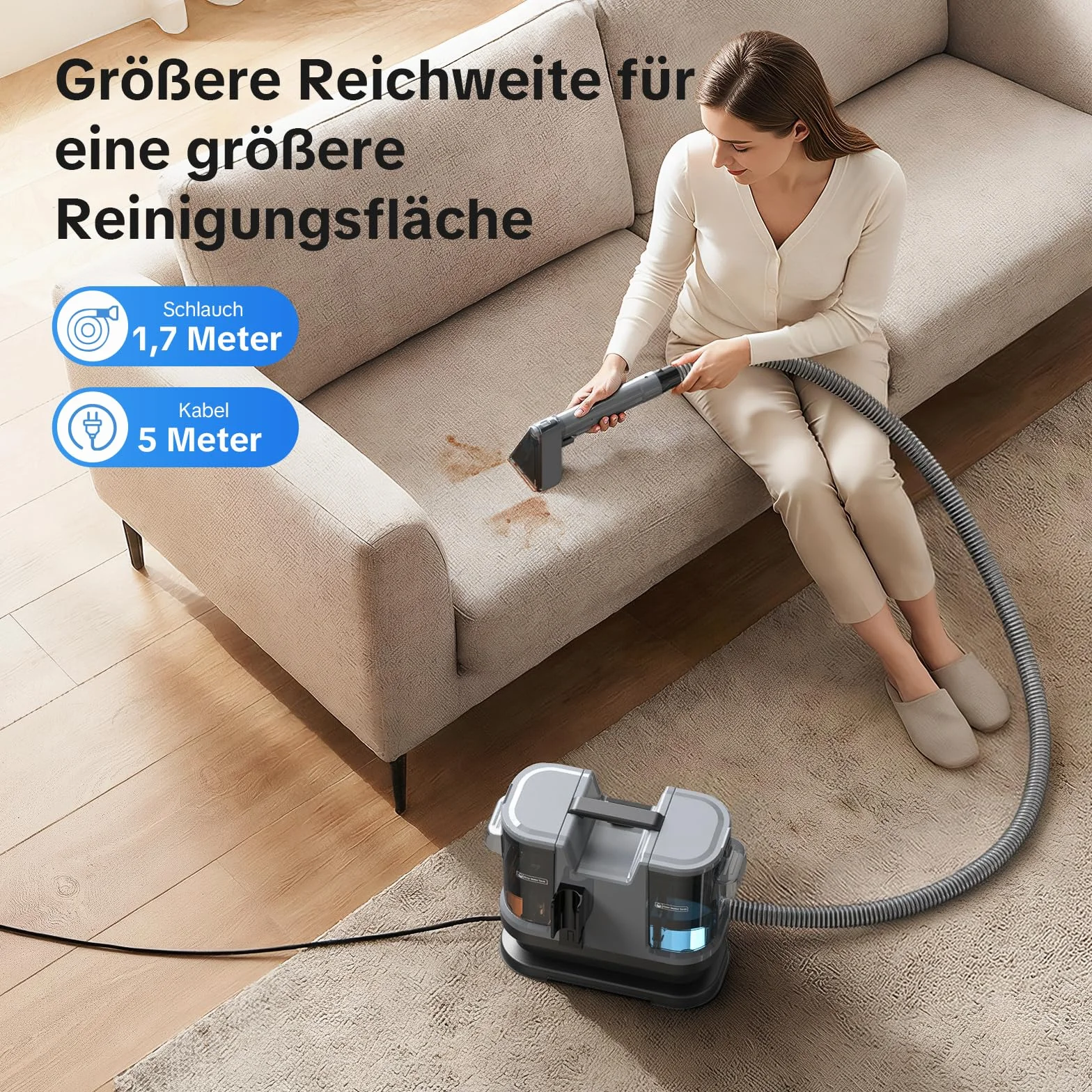 Lubluelu Nasssauger Polsterreiniger Gerät, 600 W - 15 kPa Teppichreiniger Waschsauger, tragbares Teppich-Reinigungsgerät mit Selbstreinigung und langem Schlauch für Sofas, Teppiche & Auto-Innenräume