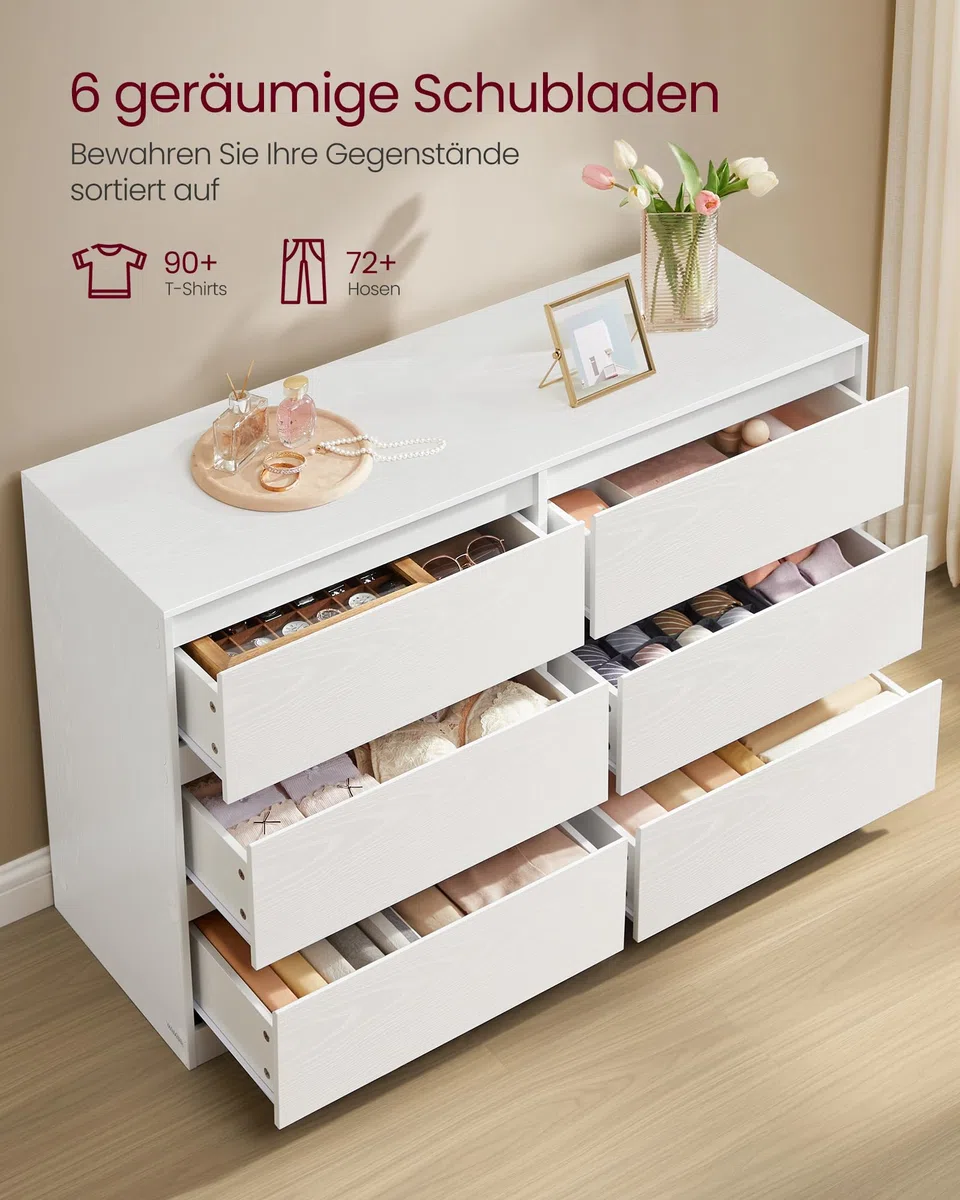 VASAGLE Kommode mit 6 Schubladen, Komodenschrank, Schubladenschrank, Wäschekommode, für Schlafzimmer, 40 x 119,4 x 75 cm, Modern Kailyn Kollektion, schneeweiß LTS616W01