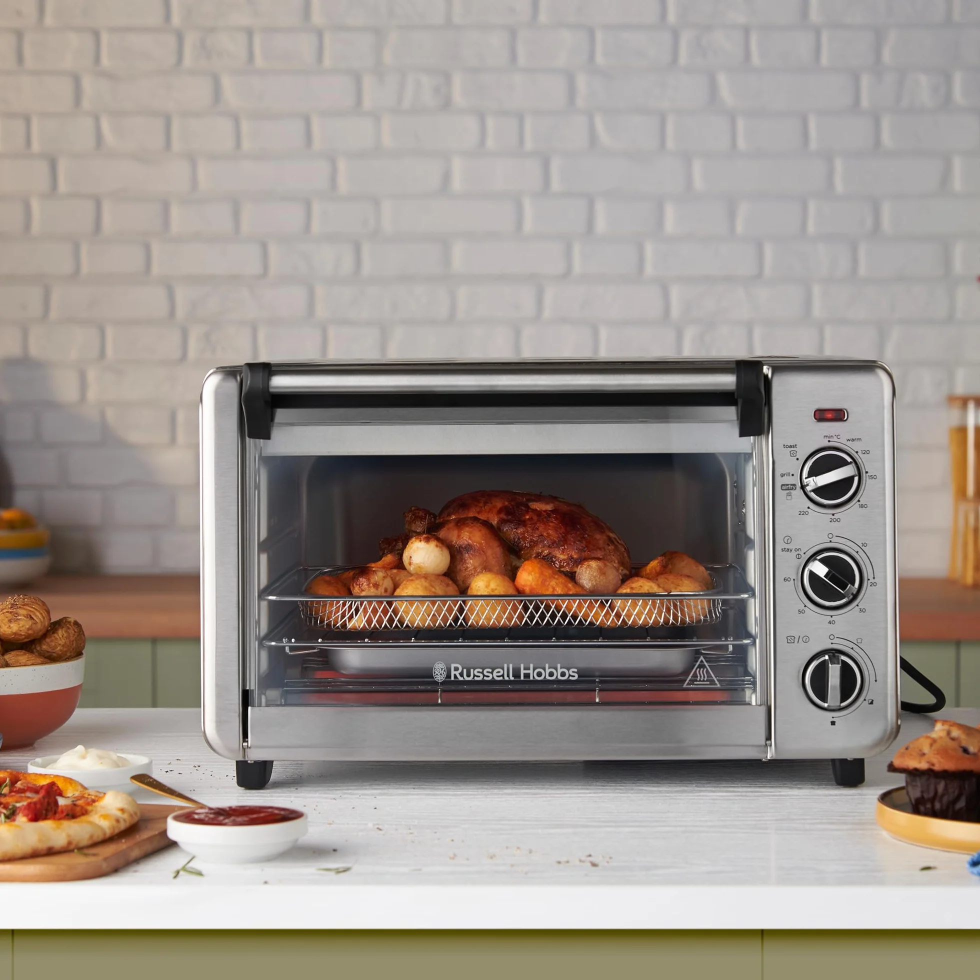 Russell Hobbs Backofen Airfryer [5-in-1: Heißluftfritteuse, Minibackofen, Grill, Toaster, Warmhaltefunktion] Express (20l, Pizza Ø 30cm, inkl. Frittierkorb, Backblech&Grillrost) Umluft- Ofen 26680-56