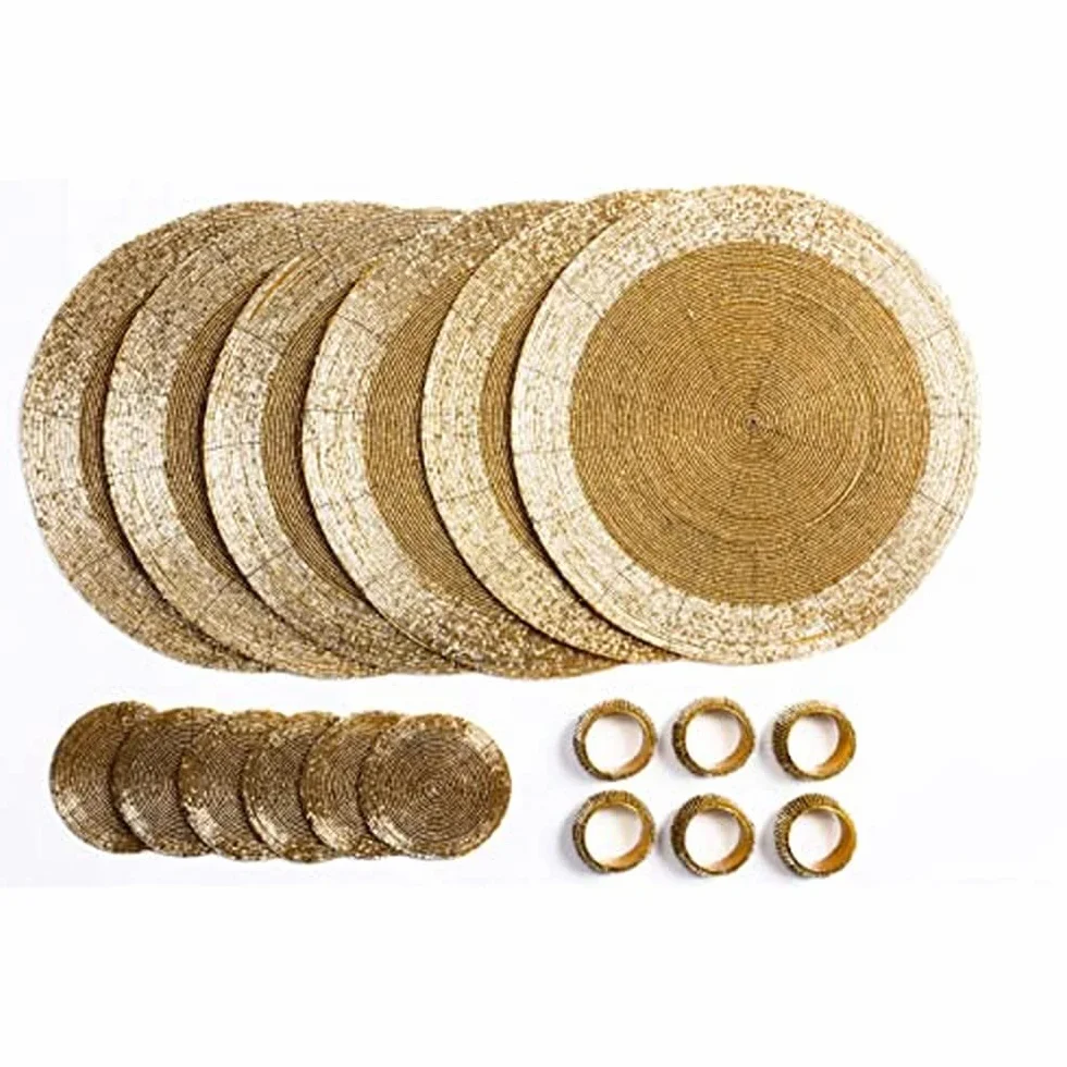 Penguin Home Set mit 18 Glasperlen Platzdeckchen, Untersetzern und Serviettenringen – goldfarben – runde Tischsets – handgefertigt von erfahrenen indischen Kunsthandwerkern – 32 cm., 3551