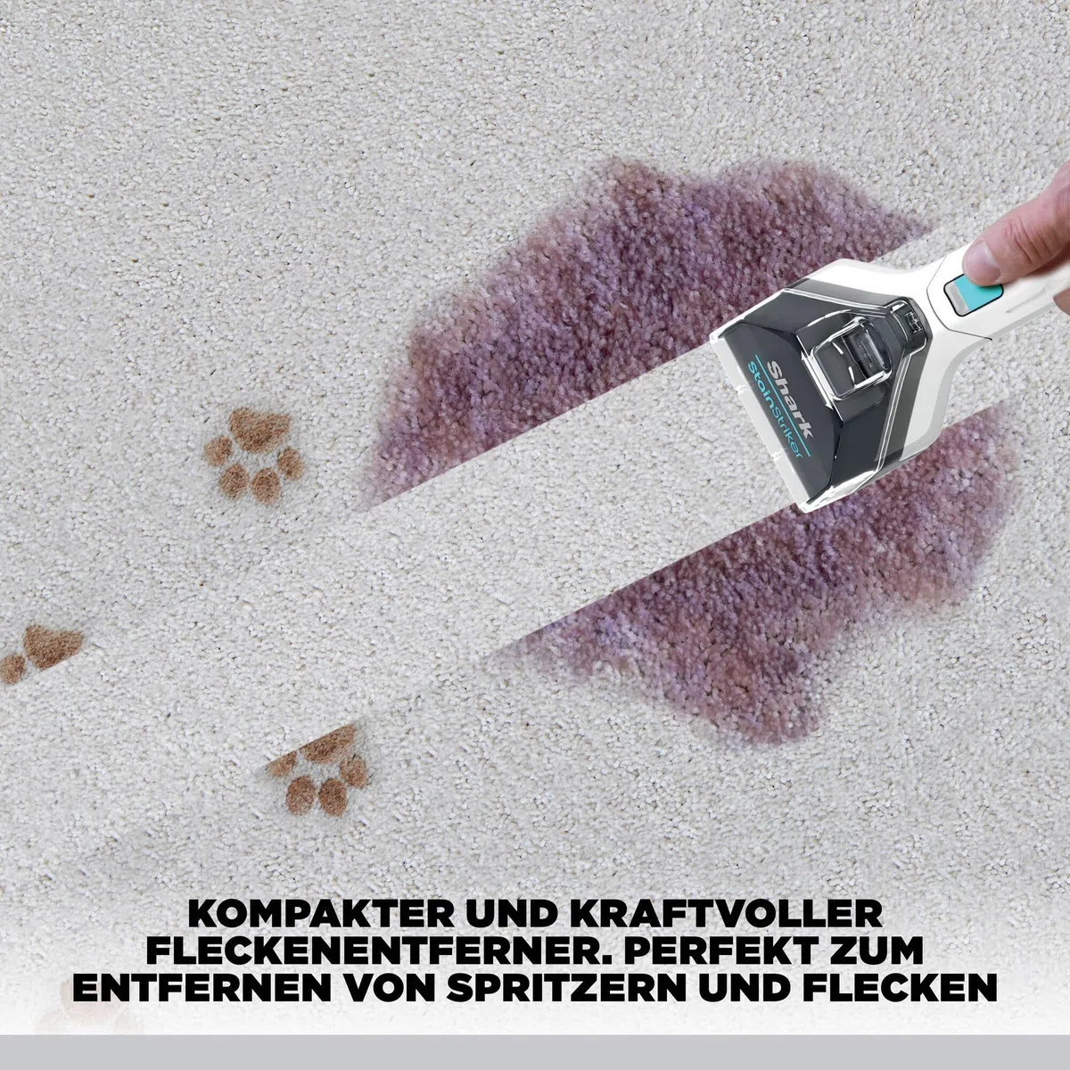 Shark StainStriker Fleckenreiniger mit 5 Aufsätzen, reinigt Teppich- und Polsterfasern, gegen Speisereste, Flüssigkeiten und Tiergeruch, leicht und tragbar, 450W, Weiß/Türkis, PX200EUT