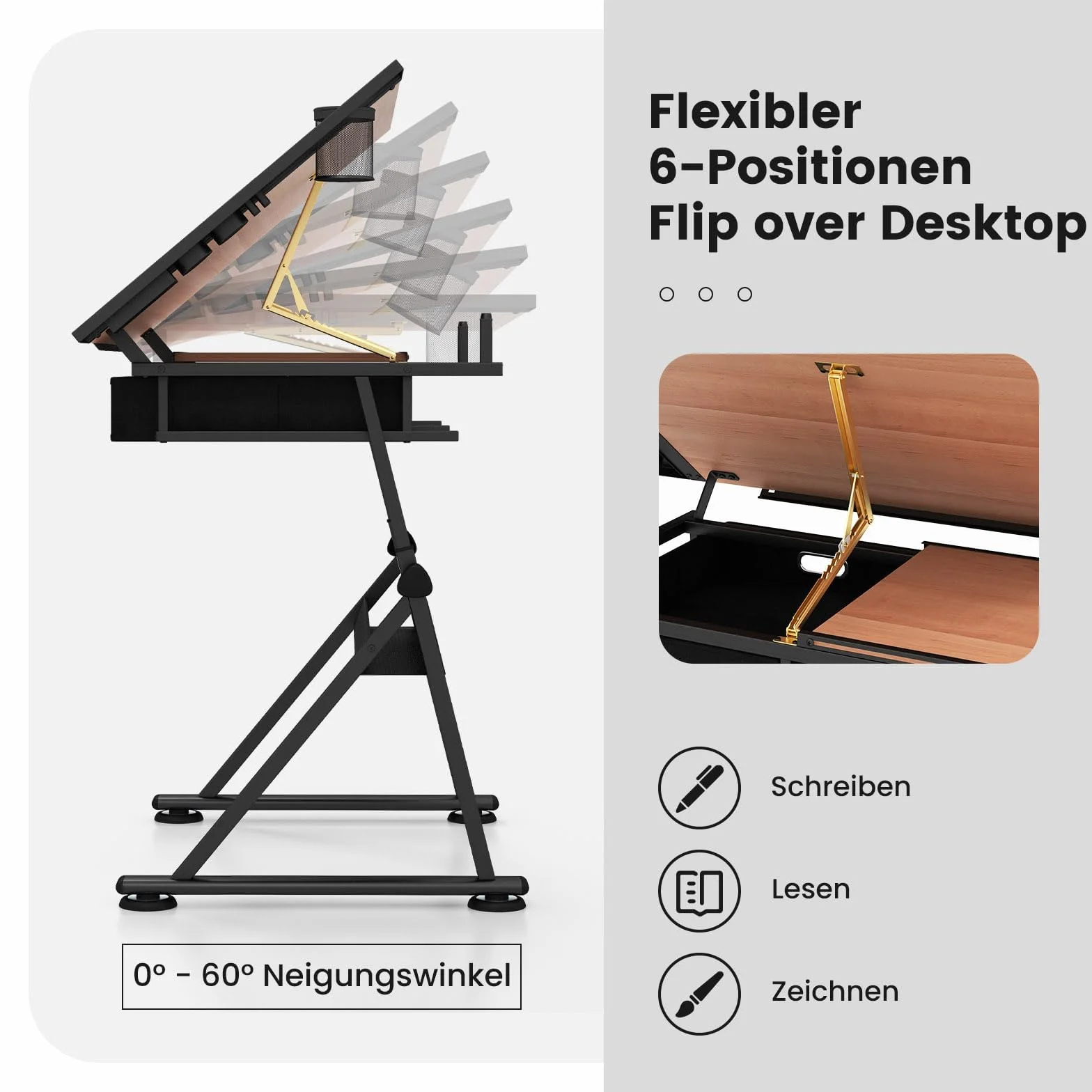 FANTASK Zeichentisch mit Hocker, Architektentisch höhenverstellbar, Schreibtisch mit neigbarer Tischplatte, Schülerschreibtisch mit 2 Schubladen, Arbeitstisch für Architekt & Künstler (Natur)