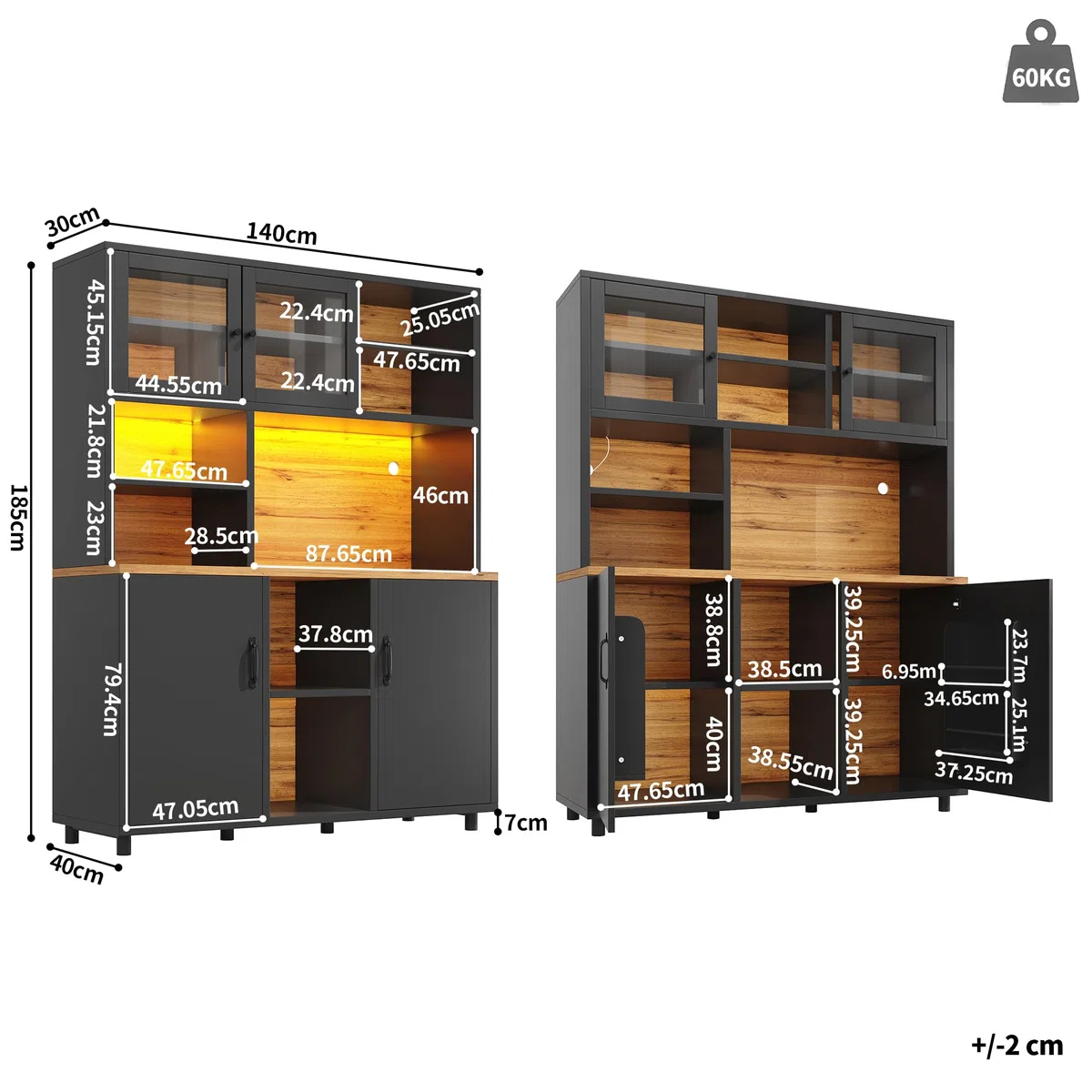 Küchenschrank mit LED, Hochschrank mit Schiebetüren & Arbeitsplatte, Buffetschrank mit Verstellbaren Regalen und Stauraum Regal, für Küche & Esszimmer & Wohnzimmer, Schwarz, 140x40.5x174.5cm