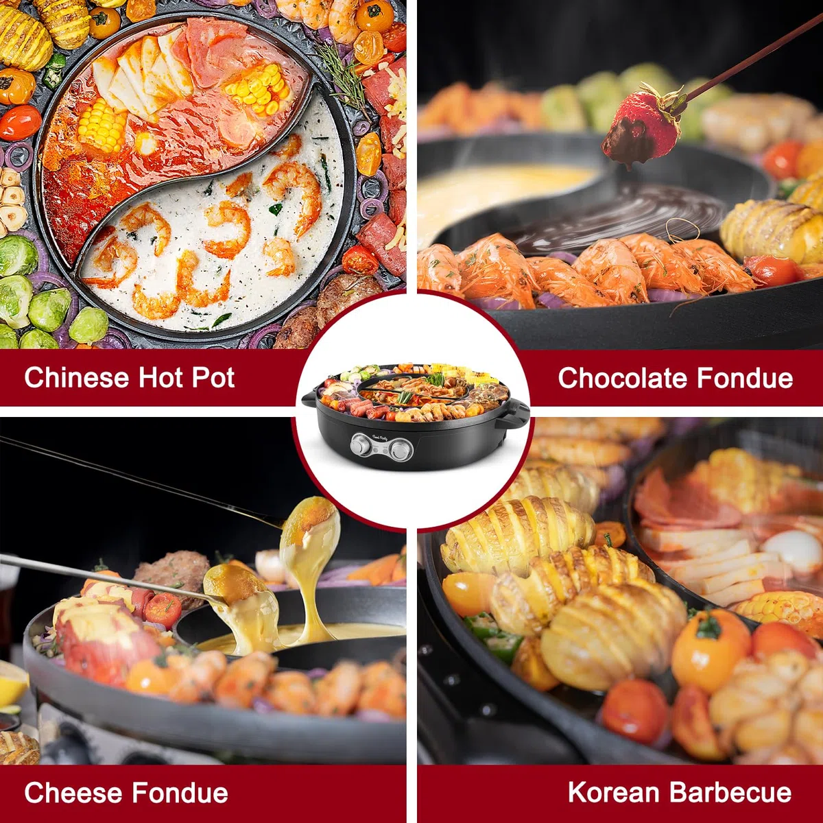 Food Party Hot Pot und Tischgrill Elektrisch Hotpot Topf Elektrogrill 220V 2200W 2 in 1 Electric Hot Pot Indoor Korean BBQ Grill Thai Barbecue Fondue für 8 Personen (Abnehmbarer Hotpot Grill 2.0)