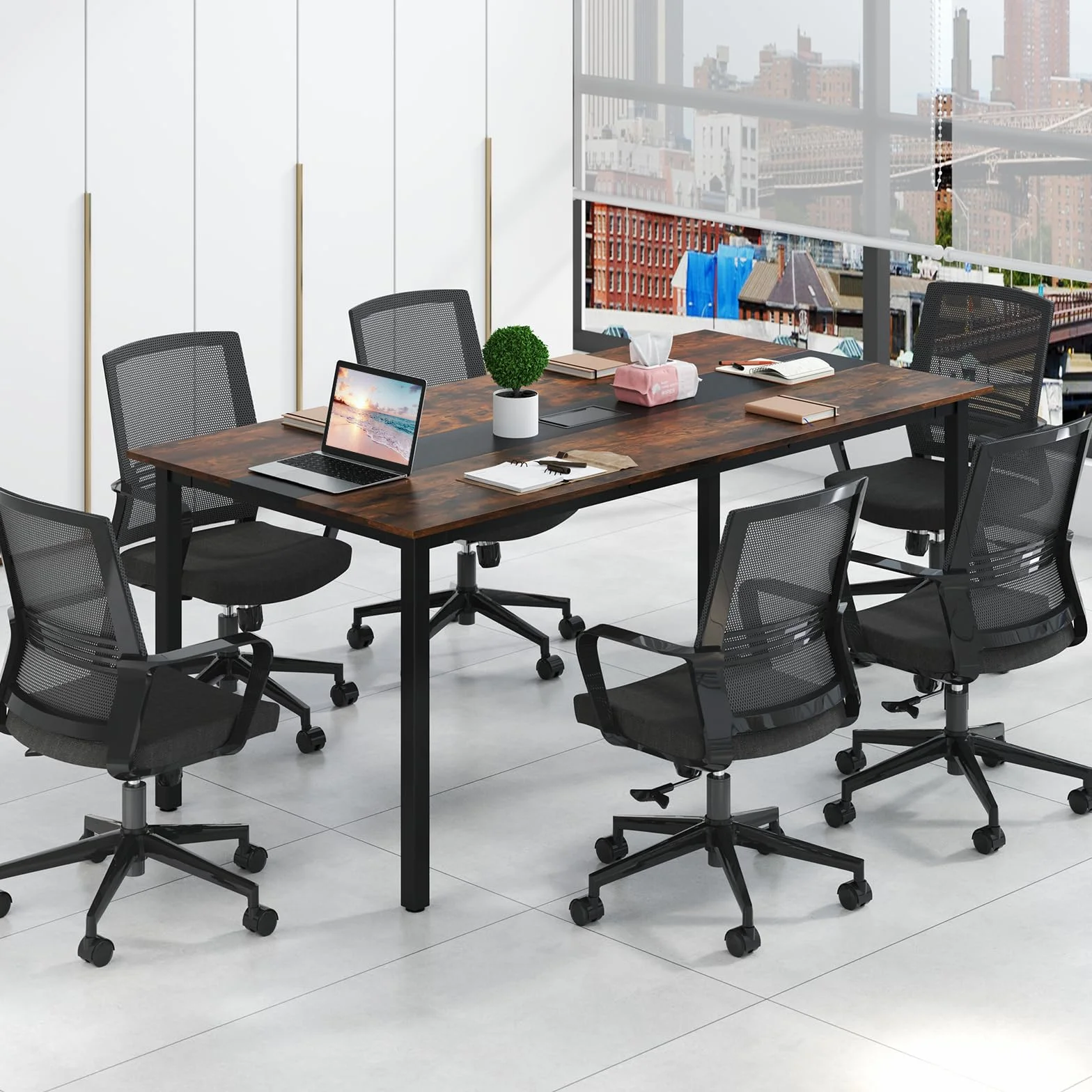 COSTWAY Konferenztisch 180x90cm, Besprechungstisch für 8-10 Personen, rechteckiger Seminartisch mit Kabeldurchführung für Büro, Konferenzraum, rustikal Braun