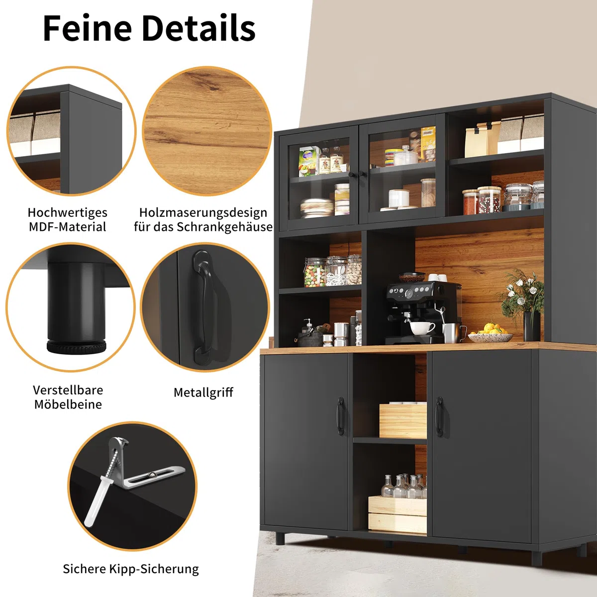 Küchenschrank mit LED, Hochschrank mit Schiebetüren & Arbeitsplatte, Buffetschrank mit Verstellbaren Regalen und Stauraum Regal, für Küche & Esszimmer & Wohnzimmer, Schwarz, 140x40.5x174.5cm