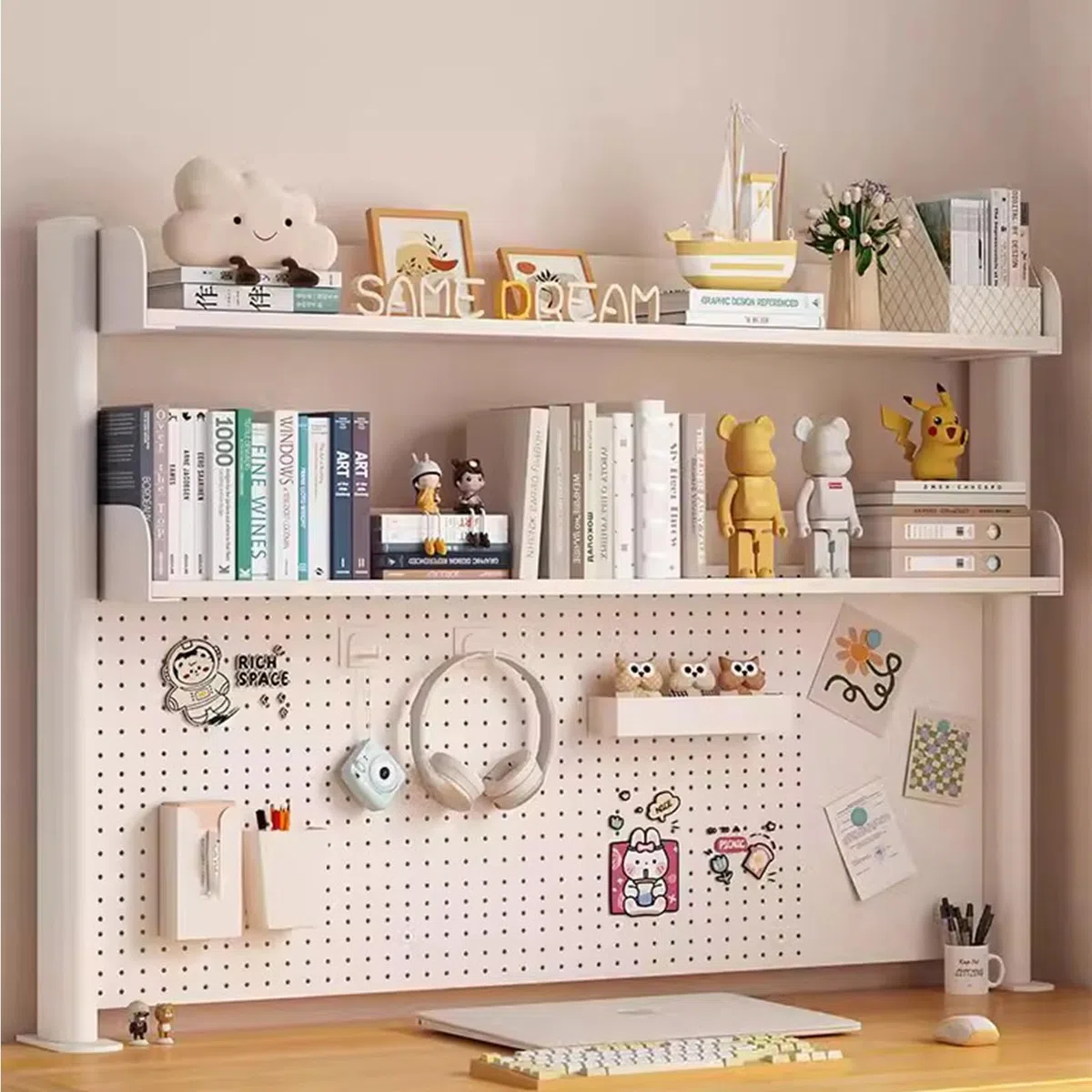 FPIGSHS Klemmbare Schreibtisch-stecktafel-Regal, 2-Ebenen Büro-Computertisch Zubehör Organizer für Büro, Gaming, Zuhause, modular aufhängbar, Klemmregal mit 20 Zubehörteilen， Schwarz (Weiß, 60cm)
