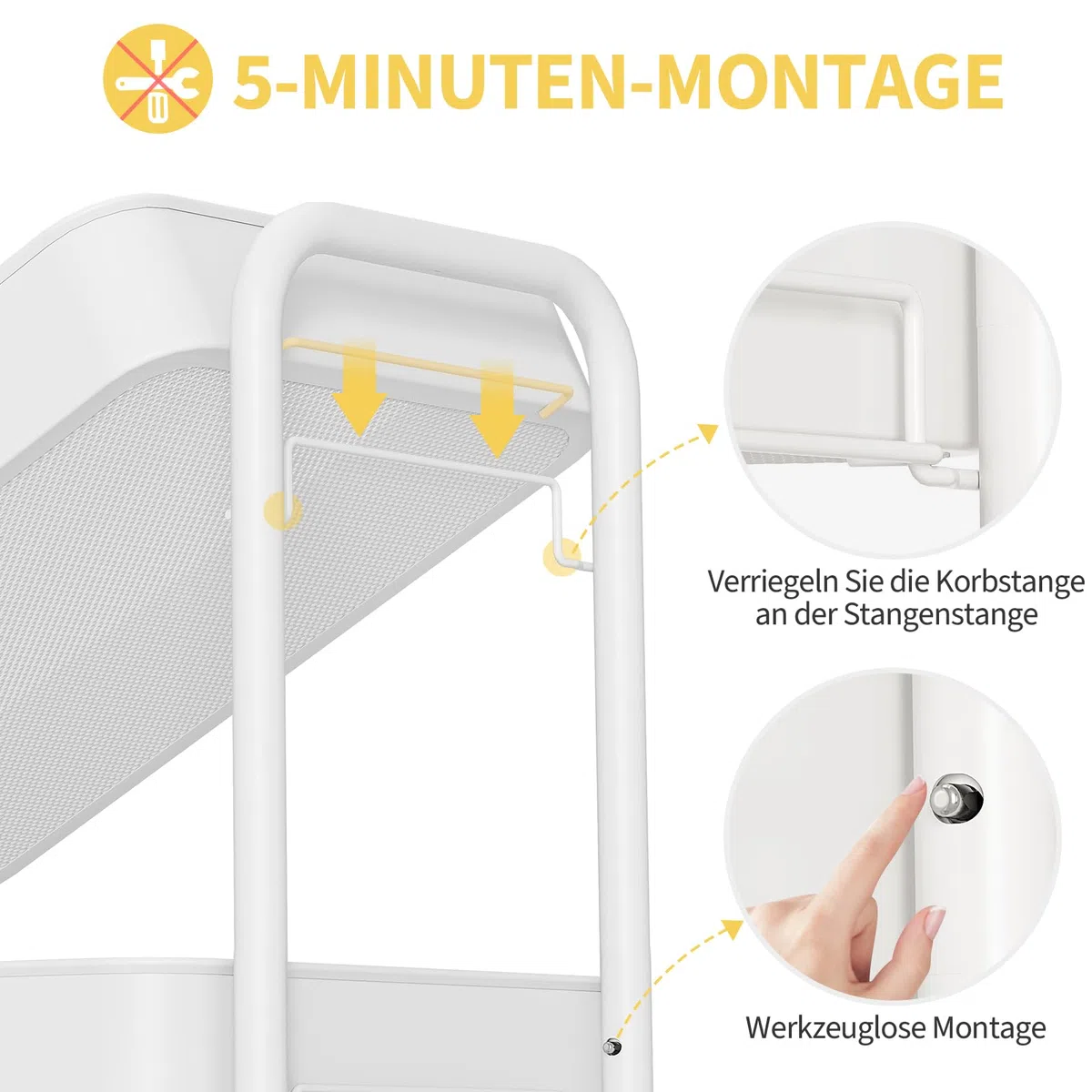 Urackify Allzweck-Aufbewahrungswagen für Verschiedene Anwendungen – mit DIY-Stecktafeln,Körben und Haken für zusätzlichen Stauraum in Küche,Bad,Büro, Klassenzimmer und- Weiß 3 Ebenen