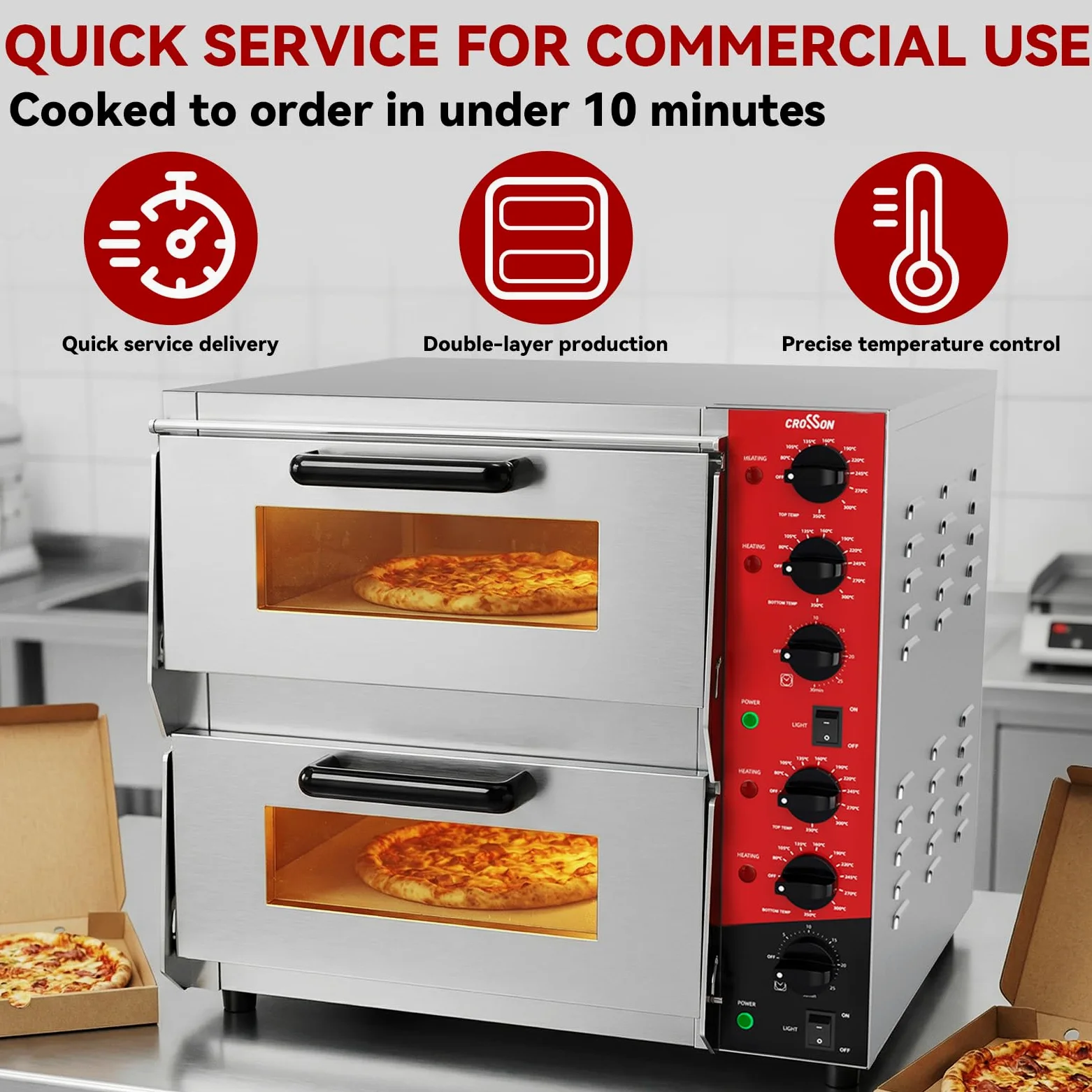 CROSSON Professional Doppel Pizzaofen mit 400x400 mm Schamottstein,Kommerzieller Pizzabackofen Elektrisch Edelstahl mit 30-Minuten-Timer 350℃ für Pizza, Brot und Backwaren,4000W