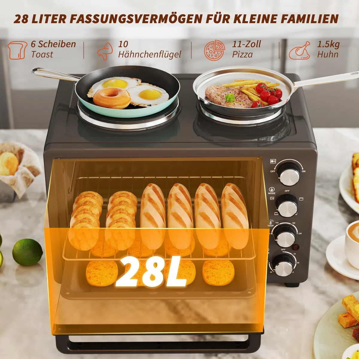 HOMCOM Minibackofen 28 L 2600W 100-230℃ Pizzaofen mit 60 Min. Timer, Grillrost 2 Kochplatten, Backblech, Mini Backofen mit Tablettgriff, Krümelblech, Schwarz