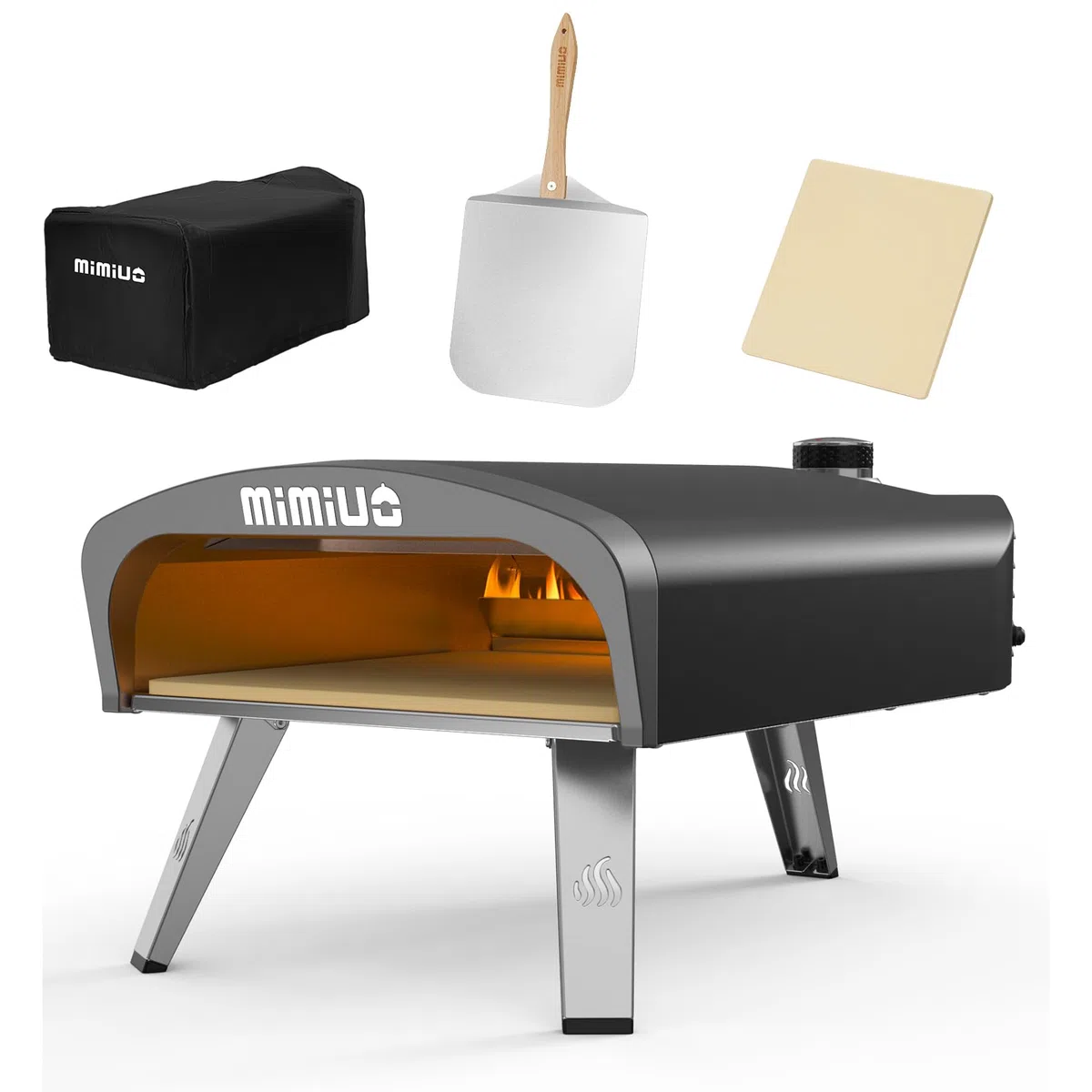 Mimiuo Gas Pizzaofen mit Pizzastein und Pizzaschaufel, mobiler Pizzaofen, Tragbar Pizza Ofen für Terrasse und Balkon, Pizzaofen für den Garten, outdoor, Gas Pizza Oven, Schwarz