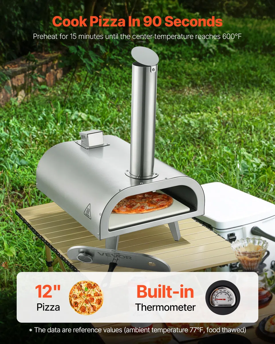 VEVOR Pizzaofen Outdoor 12 Zoll Pellet-Pizzaofen, tragbarer Pizzaofen mit eingebautem Thermometer & holzbefeuerter & Pizzastein & Schaufel & Tragetasche Pizzamaker aus Edelstahl, für Garten Camping