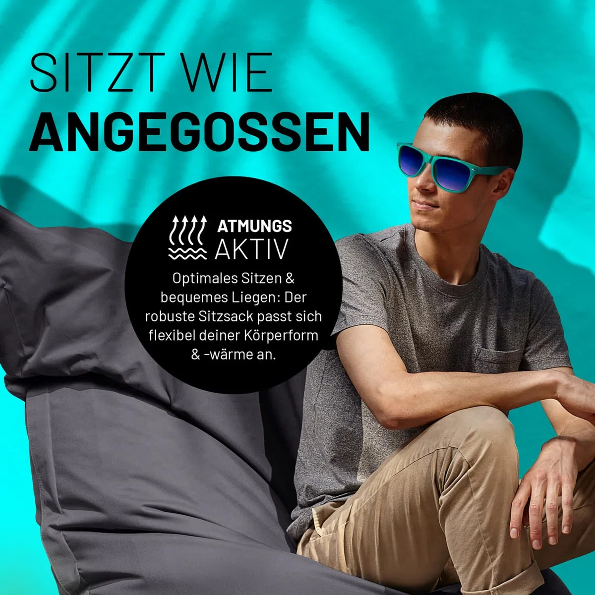 Lumaland Riesen-Sitzsack XXL 140x180 cm | Wasserfestes Indoor & Outdoor Liegekissen mit über 3 Mio. anpassungsfähigen EPS-Perlen | Bean Bag mit waschbarem Bezug [Anthrazit]
