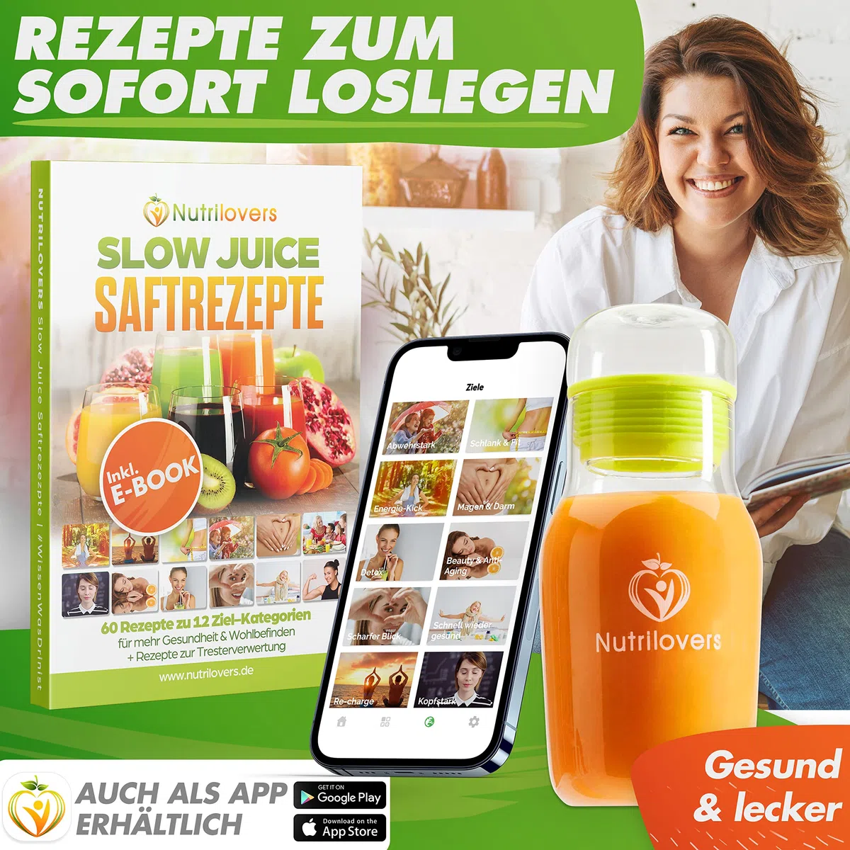 Nutrilovers Entsafter Slow Juicer NUTRI-PRESS Obst & Gemüse Entsafter - BPA-frei, 350 Watt, Sehr Leise, Ideal für Einsteiger Inkl. To Go Slow Juice Trinkflasche + Rezepte App