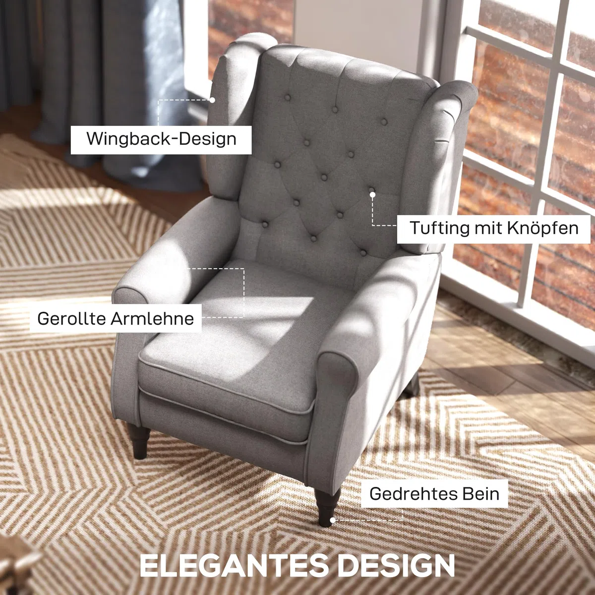 HOMCOM Sessel Ohrensessel mit Armlehnen, Loungesessel mit Kissen, Tufting, hoher Rückenlehne Armlehnensessel mit Holzbeine, Relaxsessel für Wohnzimmer, Schlafzimmer, Braun