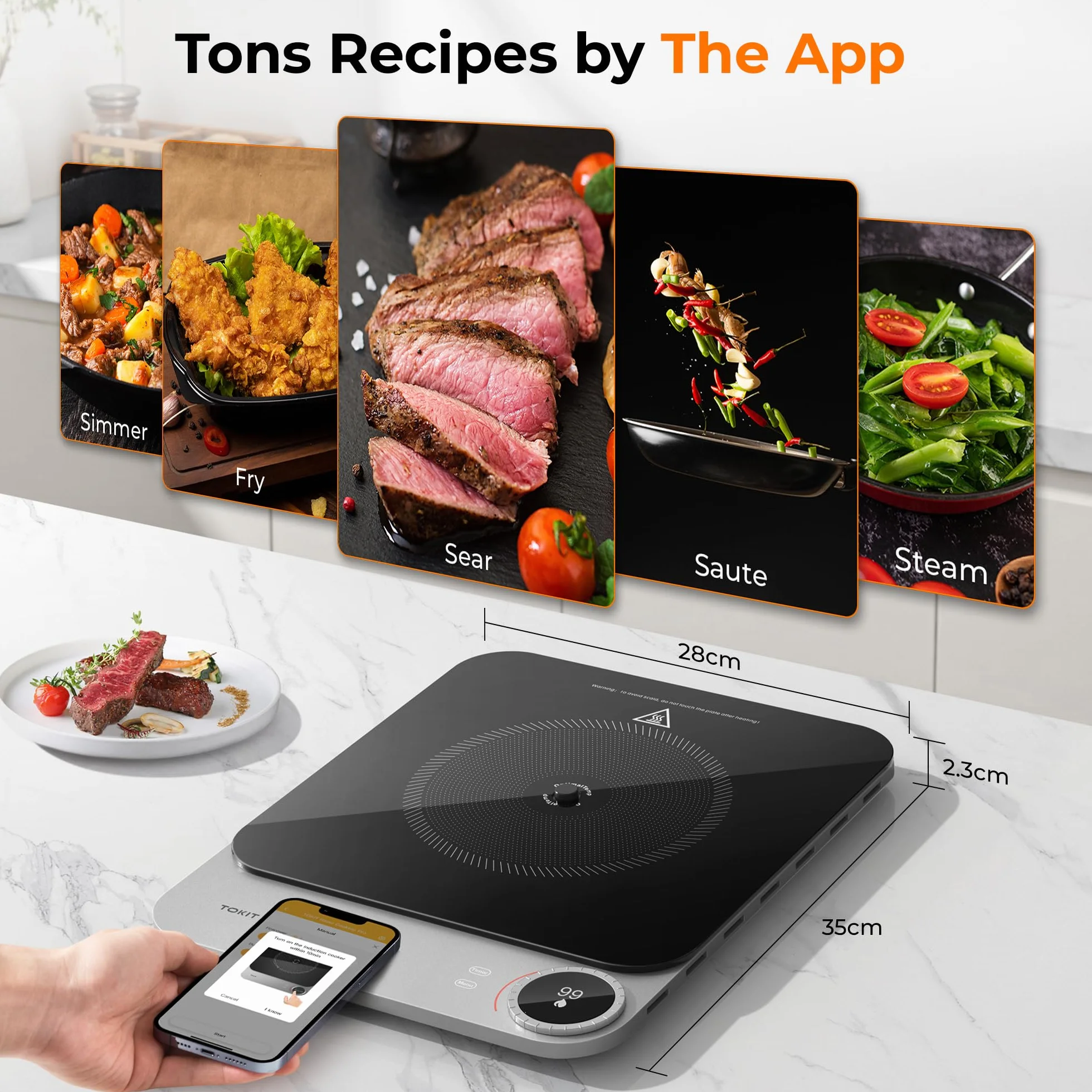 TOKIT Smart Induction Cooker Induktionskochfeld 2100W Einzel Induktionskochplatte tragbar 99 Leistungsstufe mit OLED Display, Timer, 20mm Ultradünn APP Kontrol Temperatursensor