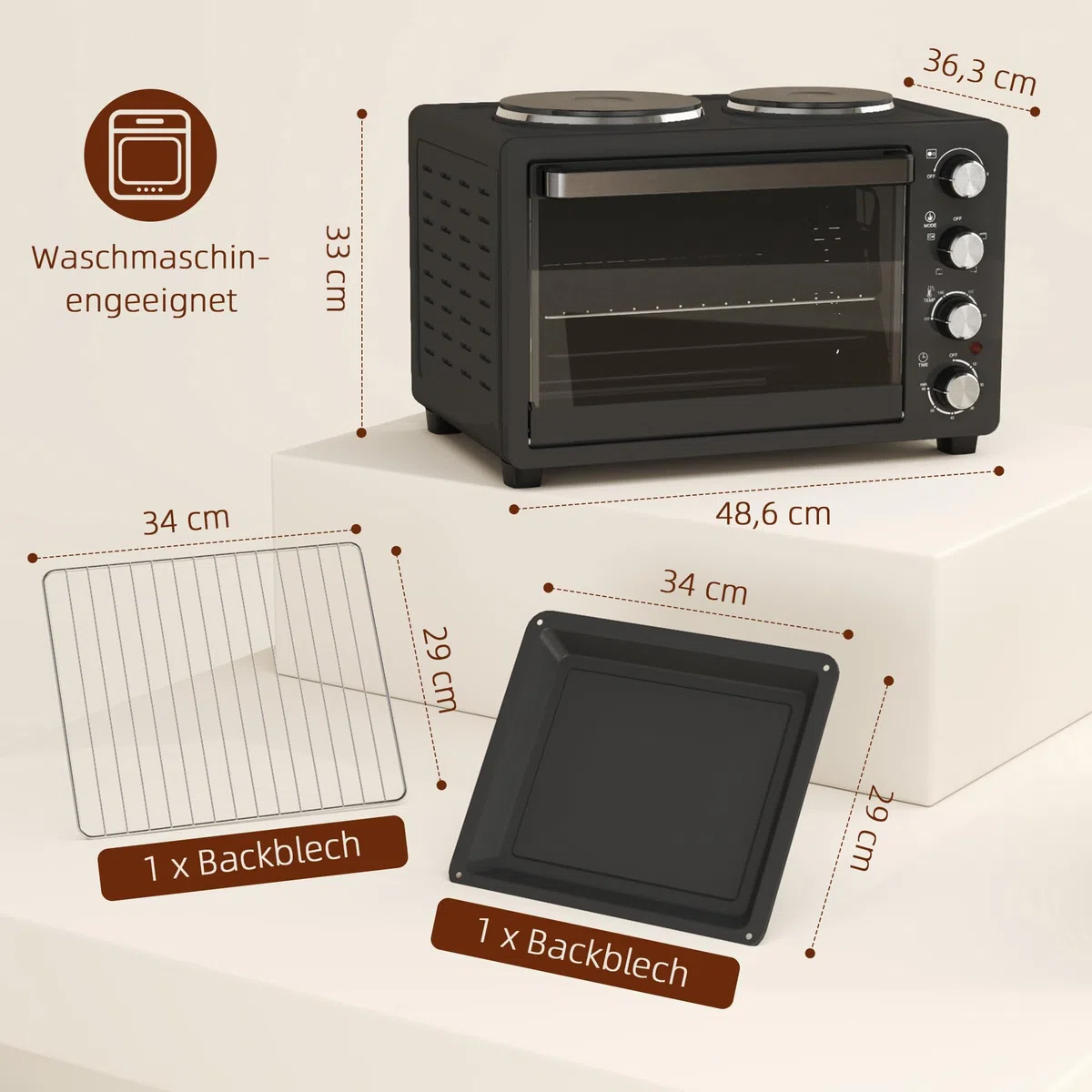 HOMCOM Minibackofen 28 L 2600W 100-230℃ Pizzaofen mit 60 Min. Timer, Grillrost 2 Kochplatten, Backblech, Mini Backofen mit Tablettgriff, Krümelblech, Schwarz