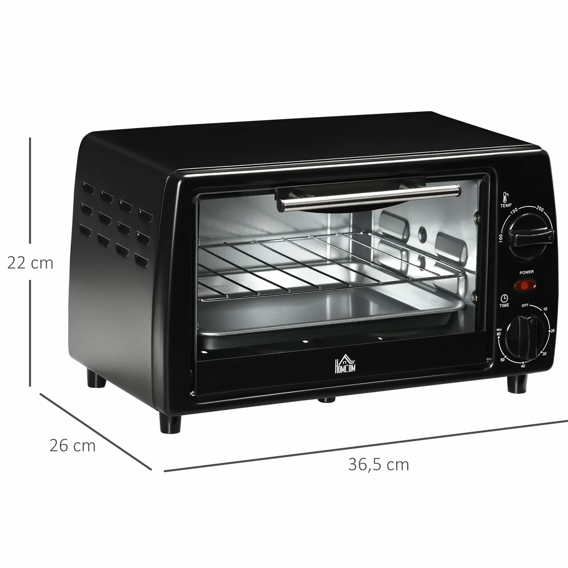 HOMCOM Mini Backofen 10 L 750W 100-230℃ 60 Min. Timer mit Backblech, Grillrost und Herausnehmbarer Bodenschale, Pizza-Ofen, Schwarz