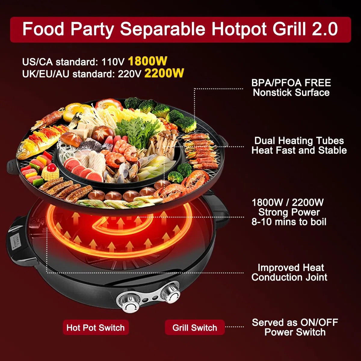 Food Party Hot Pot und Tischgrill Elektrisch Hotpot Topf Elektrogrill 220V 2200W 2 in 1 Electric Hot Pot Indoor Korean BBQ Grill Thai Barbecue Fondue für 8 Personen (Abnehmbarer Hotpot Grill 2.0)