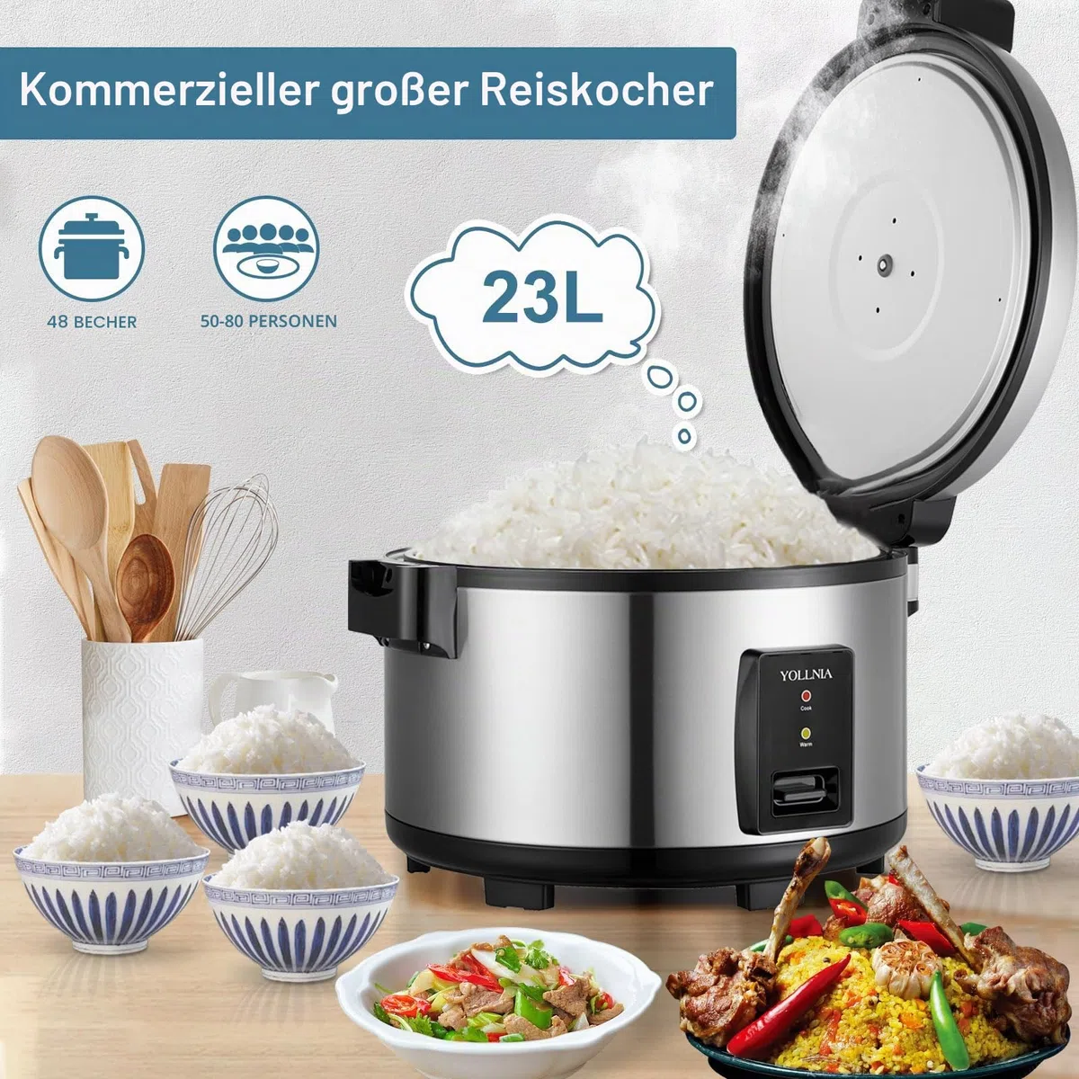 Reiskocher [23L Große Kapazität] Für 50-80 Personen, antihaftbeschichtet, ohne zu verbrennen, mit automatischer Warmhaltefunktion, 2500 W, herausnehmbarer und spülmaschinenfester