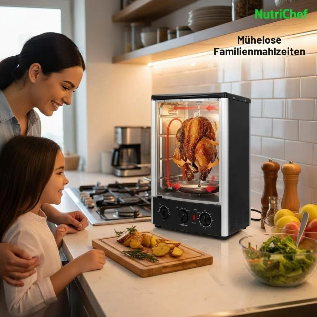 NutriChef Heißluft-Multiofen mit Drehspieß – 23 L Mini-Backofen mit Umluft und Grillfunktion Dönergrill für Zuhause, Kebab und Hähnchengrill, Kompakter Elektroofen mit Timer und Temperaturregelung