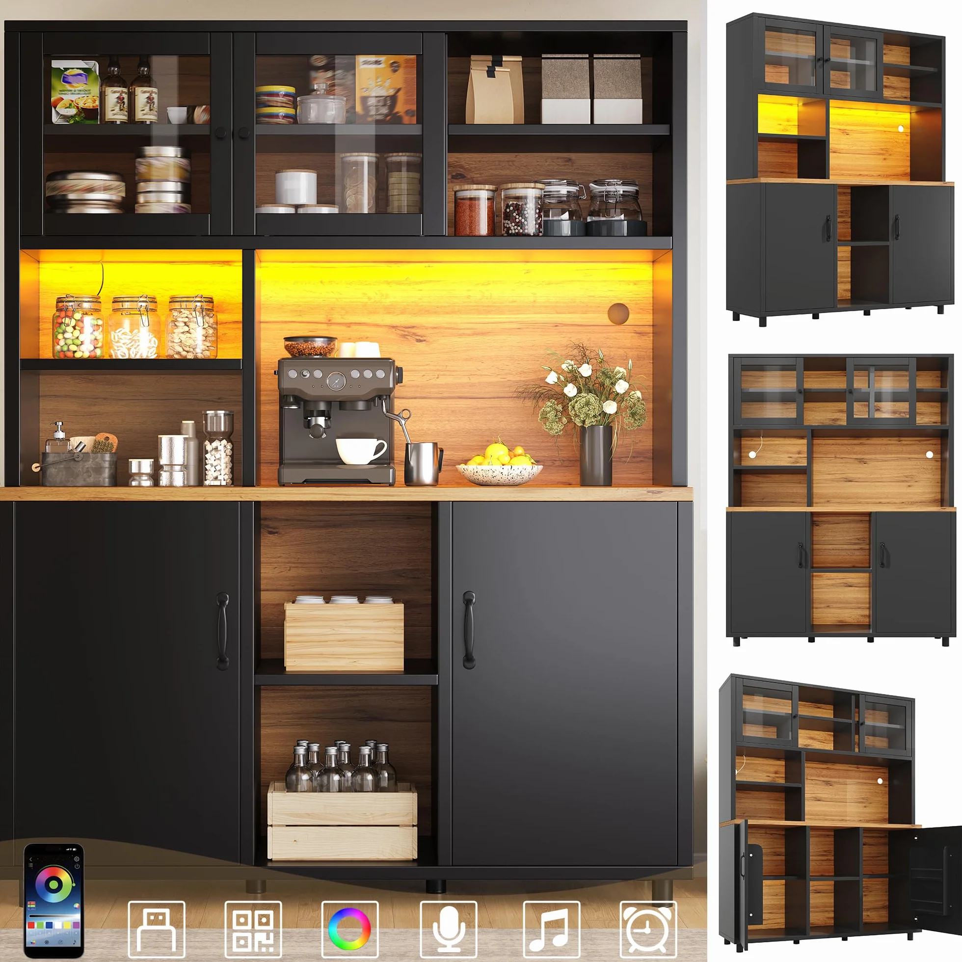 Küchenschrank mit LED, Hochschrank mit Schiebetüren & Arbeitsplatte, Buffetschrank mit Verstellbaren Regalen und Stauraum Regal, für Küche & Esszimmer & Wohnzimmer, Schwarz, 140x40.5x174.5cm