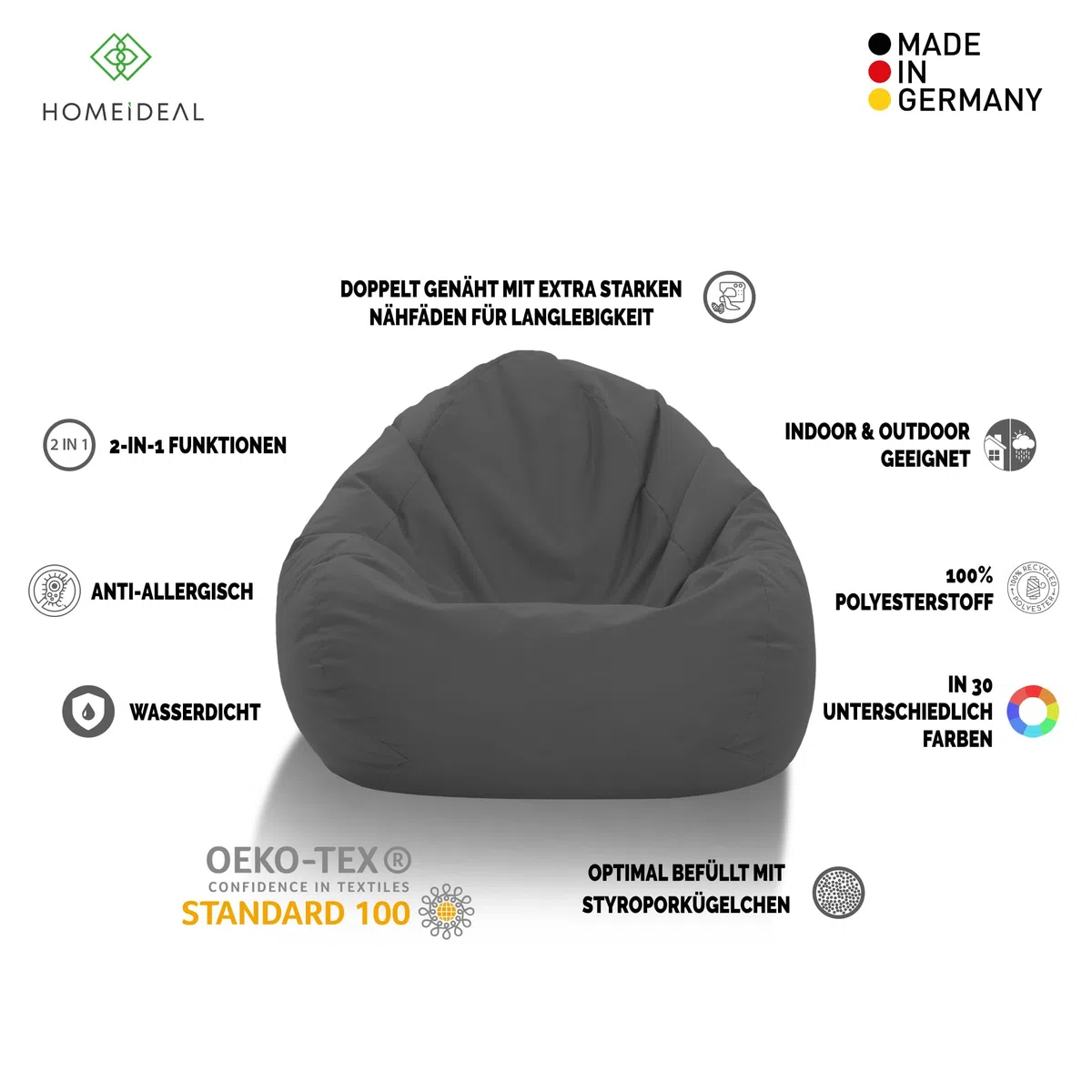 Sitzsack XXL Bodenkissen für Erwachsene & Kinder - Geeignet für Gaming oder Entspannen - Indoor wie Outdoor da er Wasserfest ist - mit EPS Perlen, Farbe:Anthrazit, Größe:XXXL