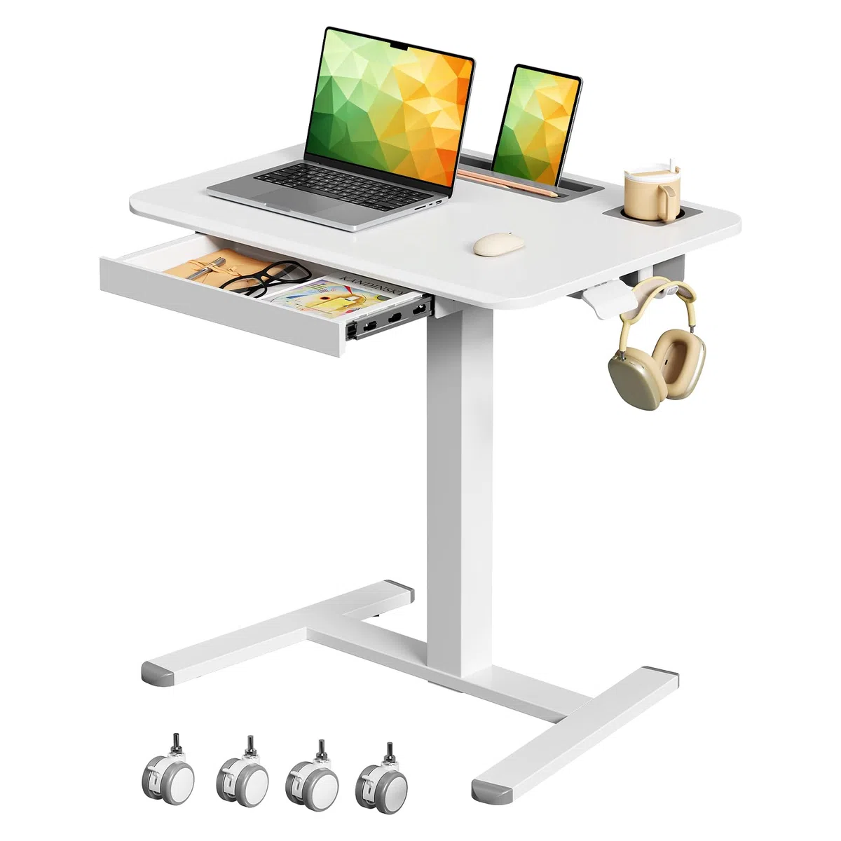 Gibbon Mounts 70x50cm höhenverstellbarer Schreibtisch mit Schublade, Rollen | Weiß Mobiler Laptoptisch mit Handyfach, Halter & Haken, 3cm flacher Sockel für enge Lücken, 4 bremsbare Räder als Ersatz inkl
