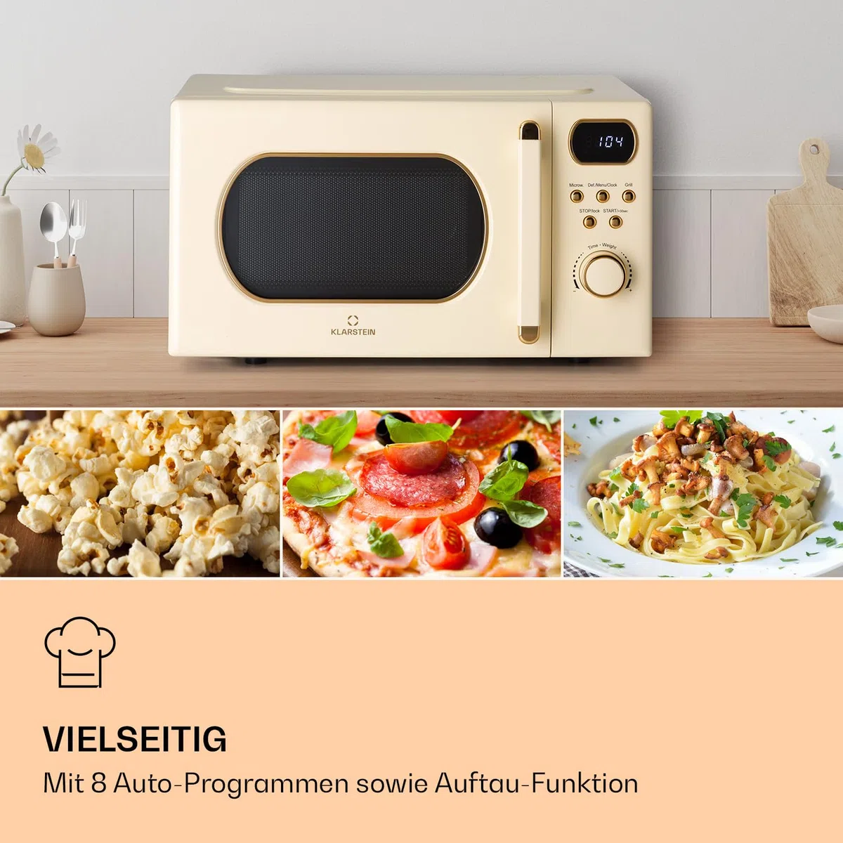 Klarstein Mikrowelle mit Grill, 800 Watt Mikrowelle Klein, 3-in-1Edelstahl-Mikrowelle Creme, Kleine 20 Liter Mikrowelle mit Auftau- und Pizzafunktion, Drehteller, Platzsparend, Einfach zu Bedienen