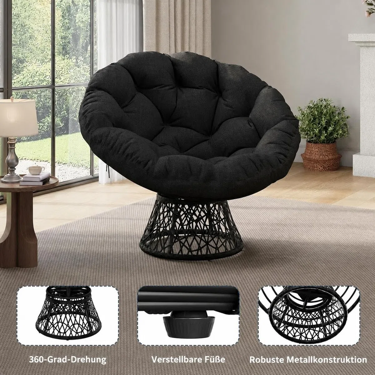 Papasansessel, bequemer Drehsessel, dickes Kissen, ergonomischer Rattansessel, 360° drehbarer Loungesessel, runder Relax Korbsessel, stabiler Stahlrahmen, für Wohnzimmer, Leseecke, Lounge, grau