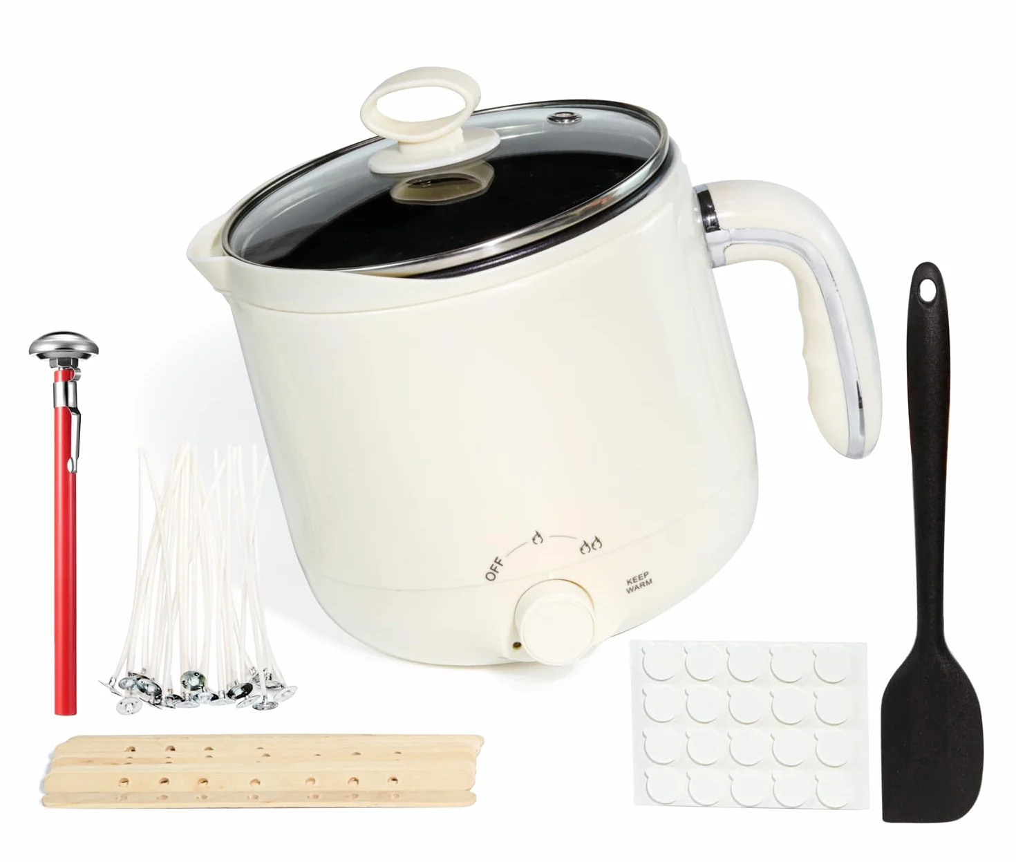 JULWHISPER 1,8L Wachsschmelzer für Kerzenherstellung mit Ausgießvorrichtung | EU Stecker, 1800ml großes Fassungsvermögen, Thermometer, Dochte, Zentriervorrichtung, Rührlöffel inklusive