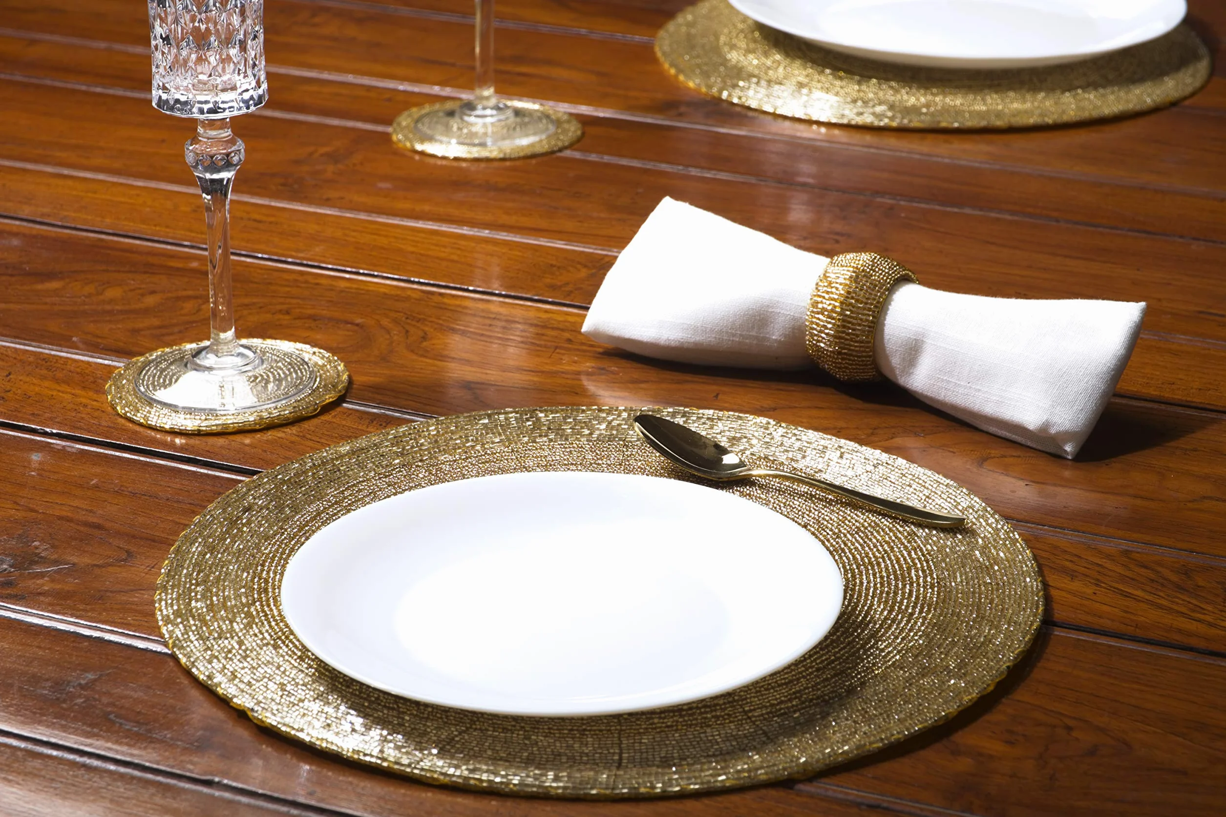 Penguin Home Set mit 18 Glasperlen Platzdeckchen, Untersetzern und Serviettenringen – goldfarben – runde Tischsets – handgefertigt von erfahrenen indischen Kunsthandwerkern – 32 cm., 3551