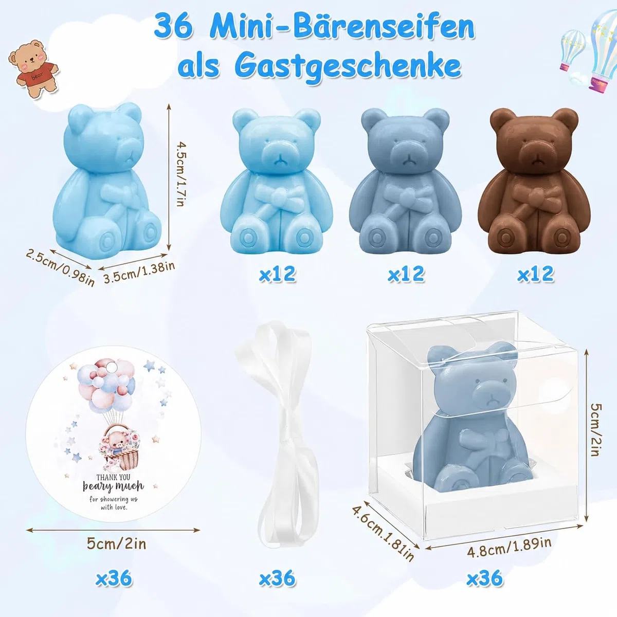 36 Stück Bären Seife Babyparty Gastgeschenke, Mini Baby Shower Bärenseife mit Geschenkbox Dankeskarten, Kleine Duftend Seife für Jungen Mädchen Gender Reveal Taufe Gäste Mitgebsel, Blau & Braun