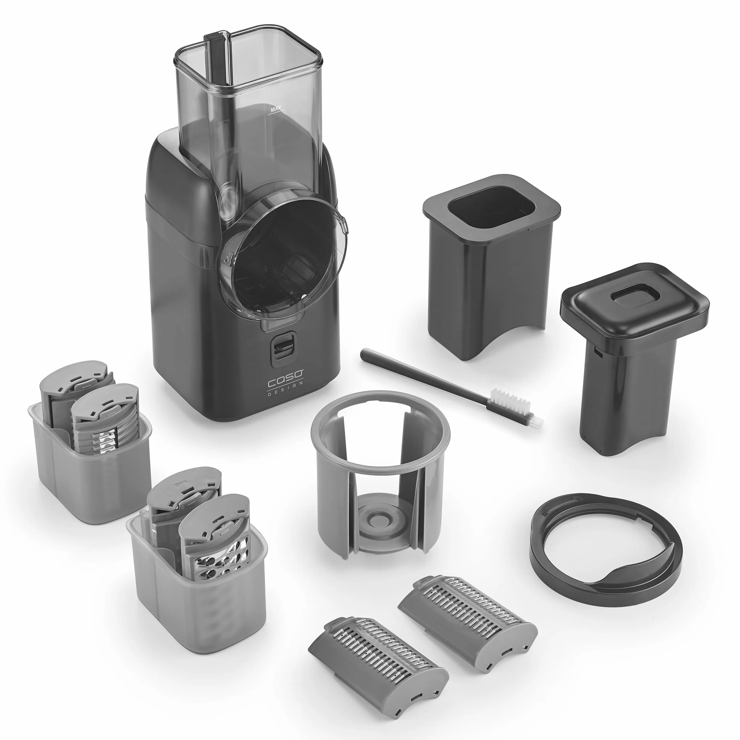 CASO MultiSlicer, Elektrische 5-in-1 Multireibe, Reiben & Raspeln von Obst, Gemüse,Käse & mehr, 5 Einsätze, Safety-Stopp, One-Touch-Bedienung, Kompakt & Kraftvolle 80 Watt