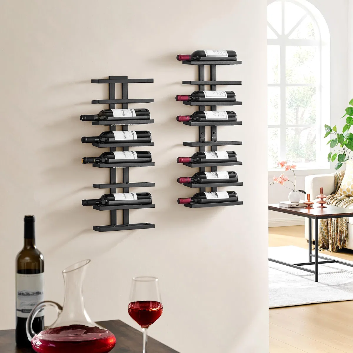 Hoctieon Weinregal Wand, Flaschenregal mit 8 Ebenen 2 Set, Metall Weinregal Hängend Weinflaschenregale Schwarz für Esszimmer, Weinkeller, Schlafzimmer