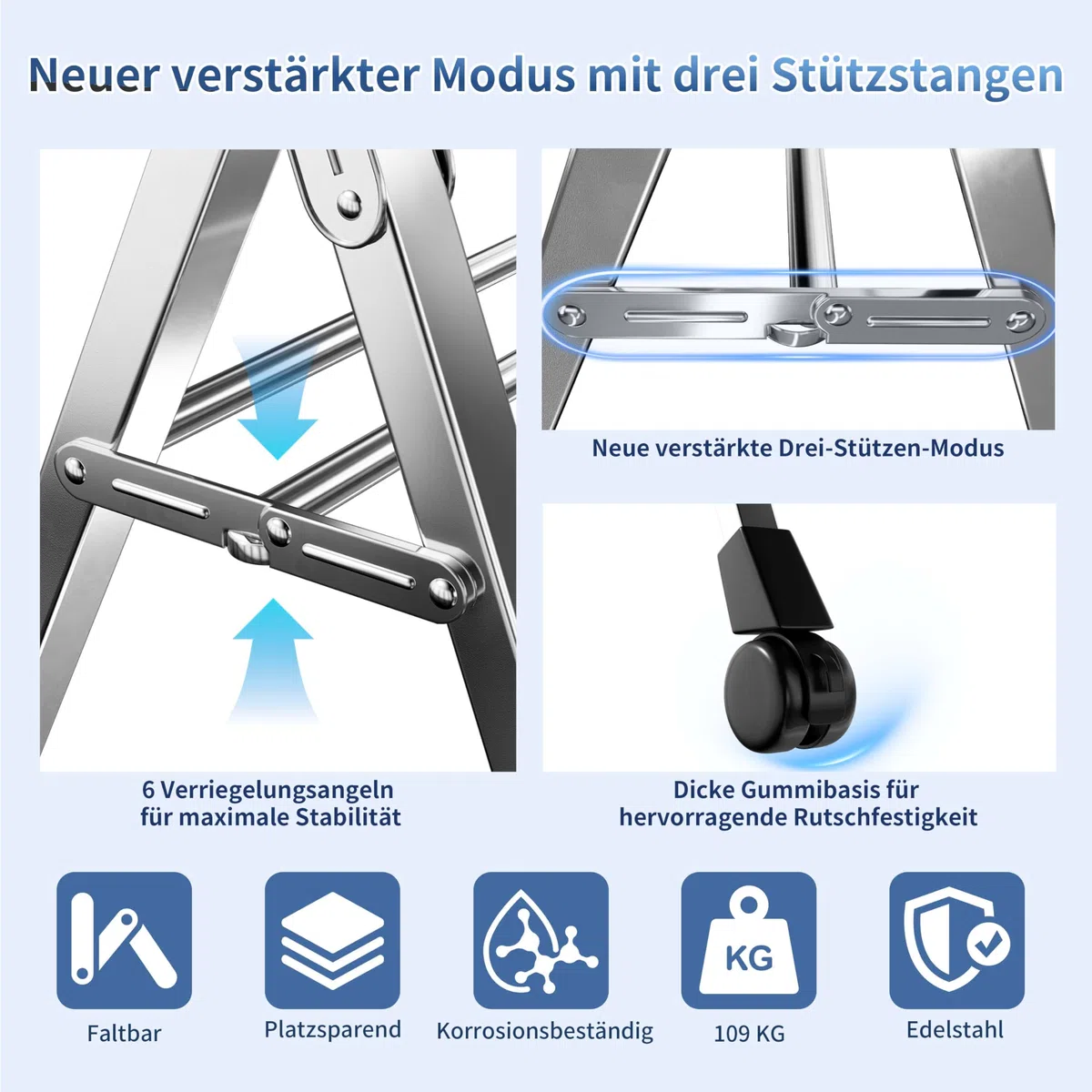 Wäscheständer 240 cm, Faltbarer Kleiderständer für drinnen und draußen, Wäscheständer zusammenklappbar, Wäscheständer aus robustem Edelstahl, Kleiderständer mit 20 Haken und 12 Klammern (240cm)