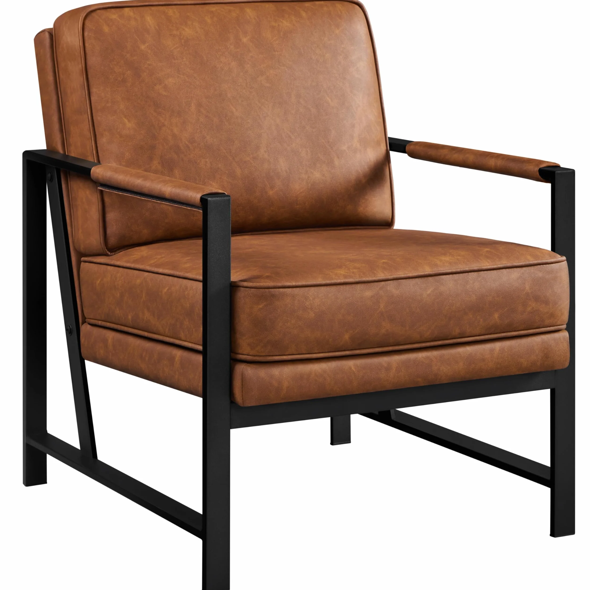 Yaheetech Retro Sessel Stuhl Lehnstuhl Relaxsessel mit Rückenlehne Einzelsessel mit Metallrahmen und Kunstleder, Hellbraun