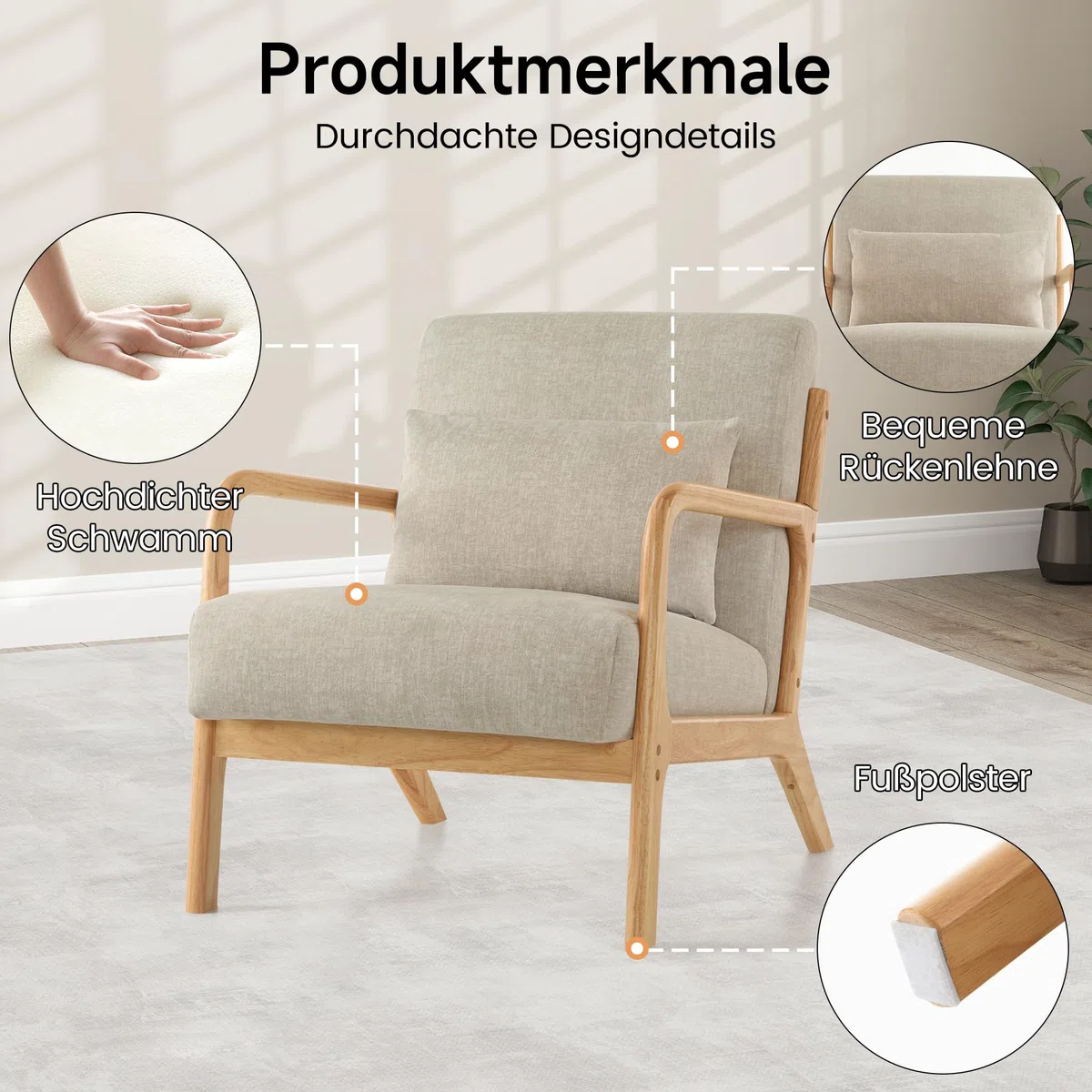 2er-Set Accent Sessel mit Kissen, Moderner Polstersessel für Wohnzimmer,Lounge-Stuhl mit Armlehnen&Holzrahmen, bequemer Lesesessel, Stoff Hellgrau