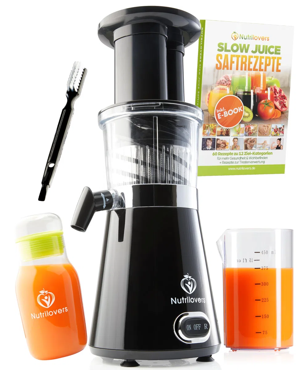 Nutrilovers Entsafter Slow Juicer NUTRI-PRESS Obst & Gemüse Entsafter - BPA-frei, 350 Watt, Sehr Leise, Ideal für Einsteiger Inkl. To Go Slow Juice Trinkflasche + Rezepte App